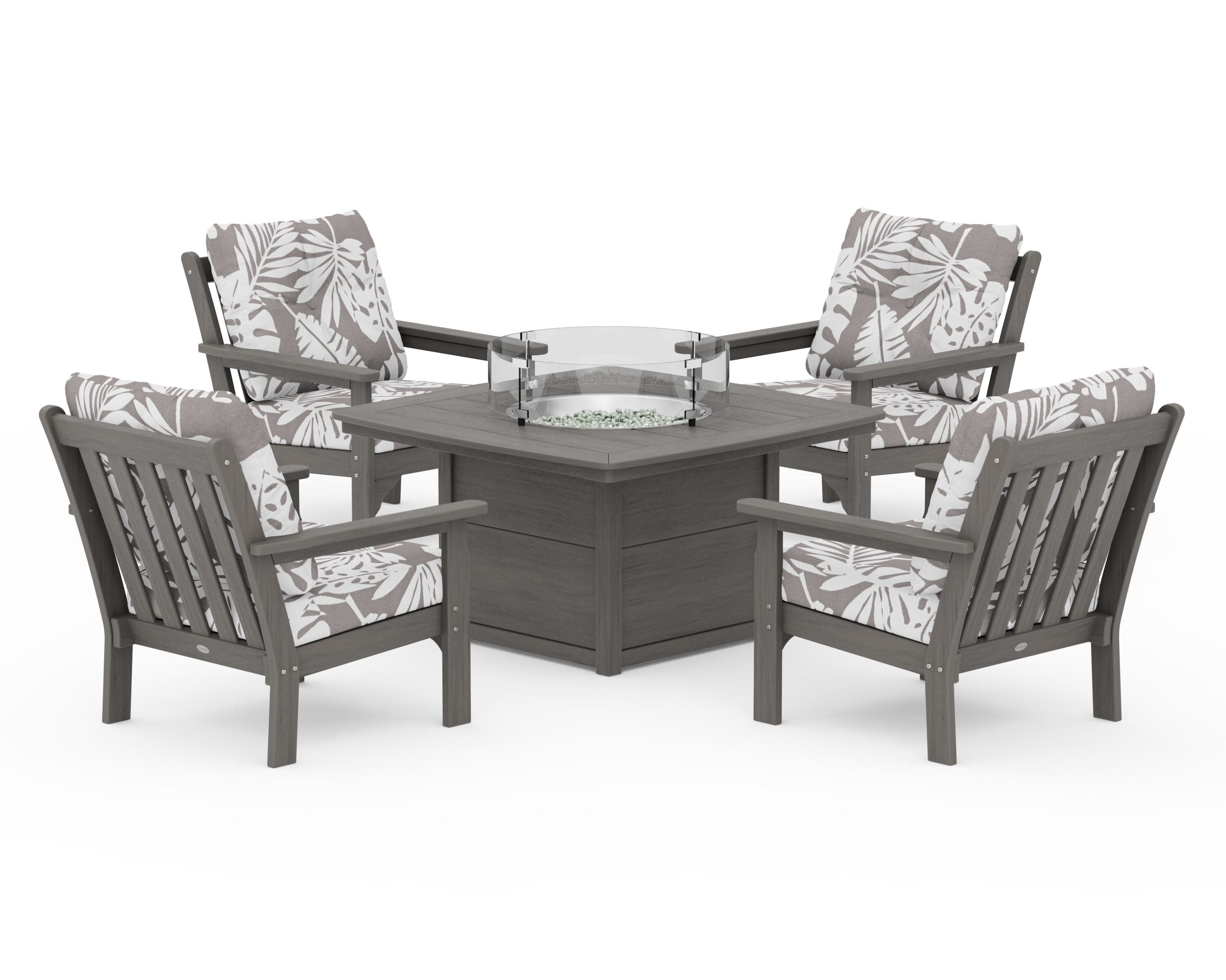 Vineyard 5-Piece Conversation Set with Fire Pit Table in Driftwood / Leaf Grey Mist
