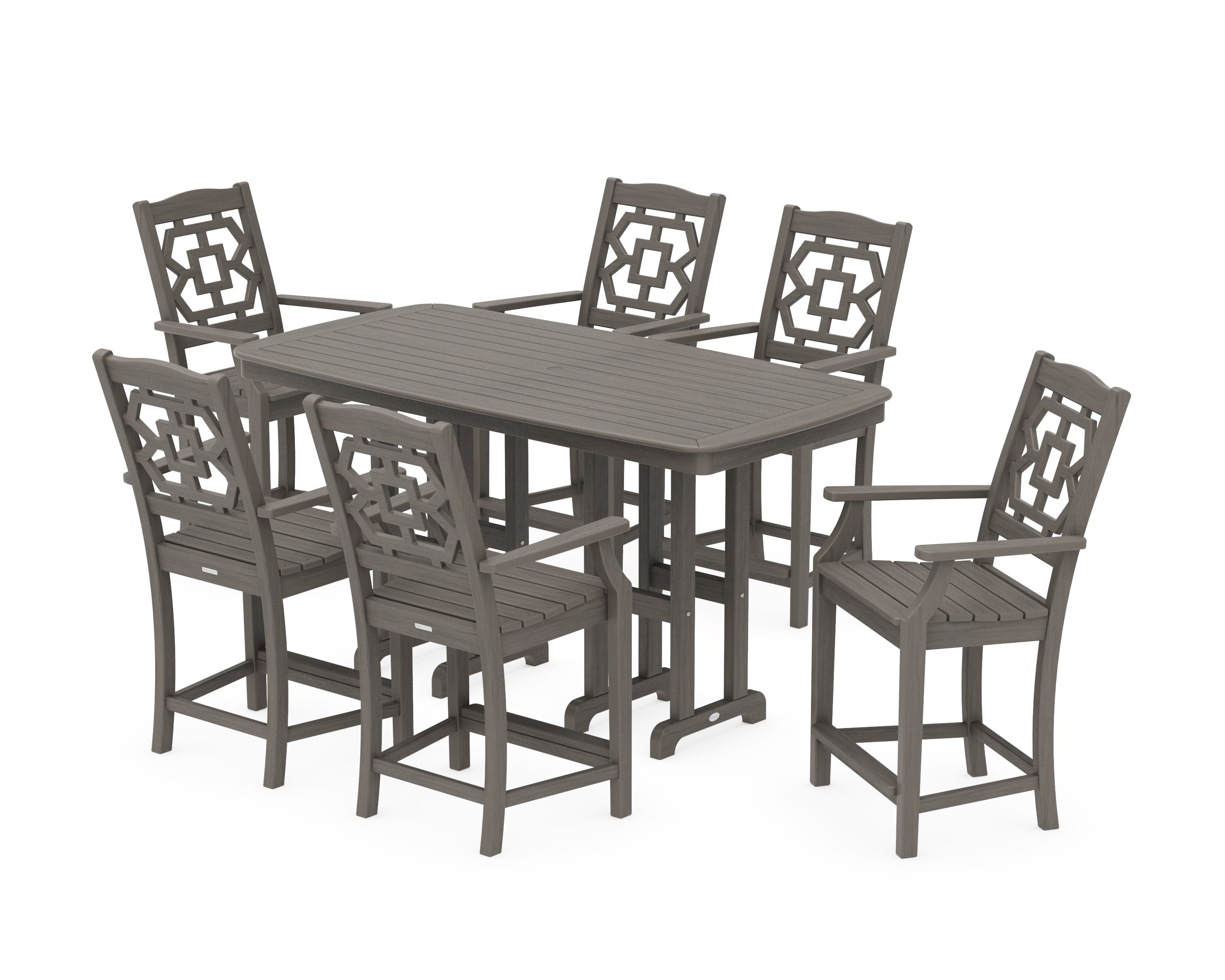 Chinoiserie Arm Chair 7-Piece Counter Set in Driftwood
