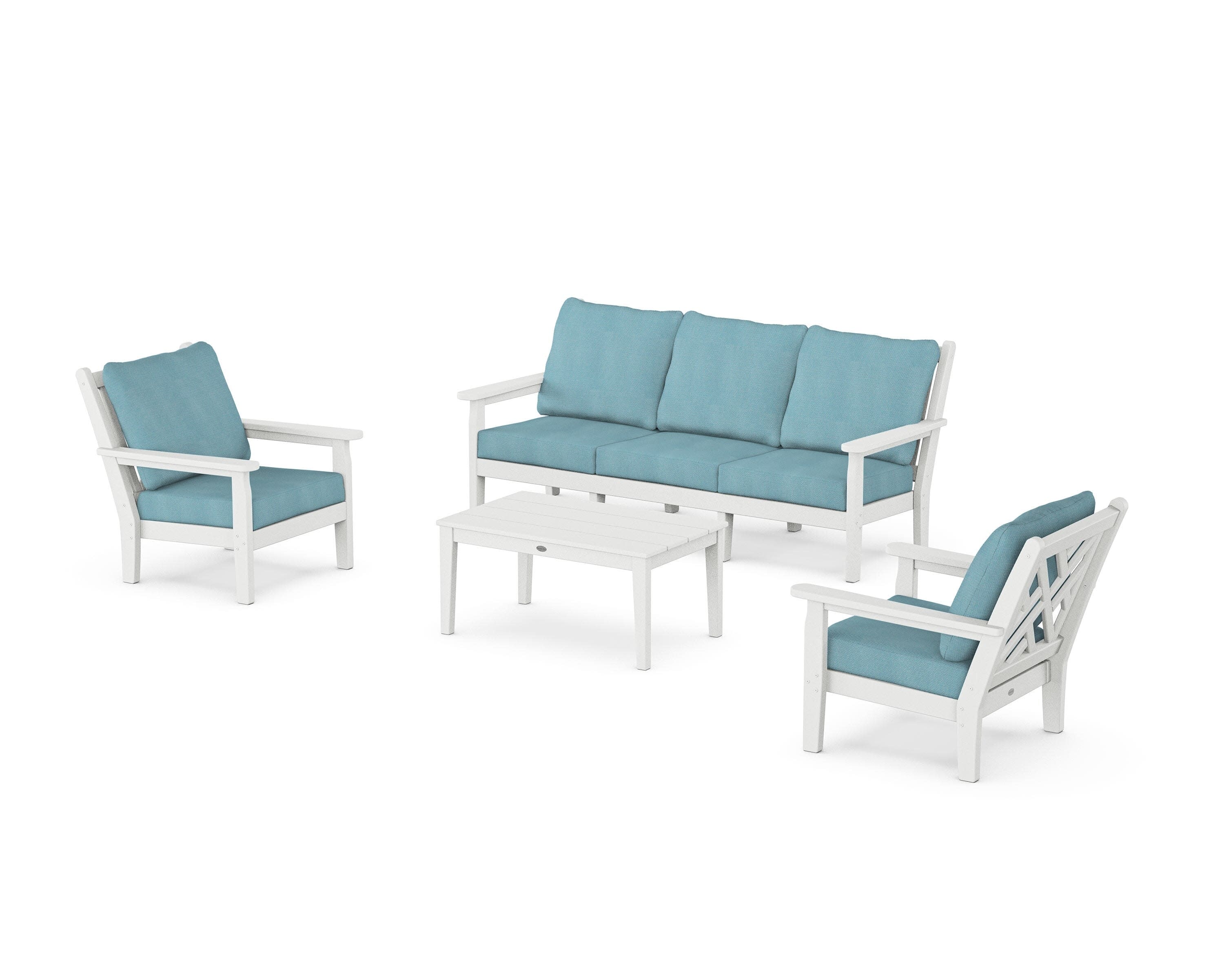 Chippendale 4-Piece Deep Seating Set with Sofa in White / Lattice Sky Blue