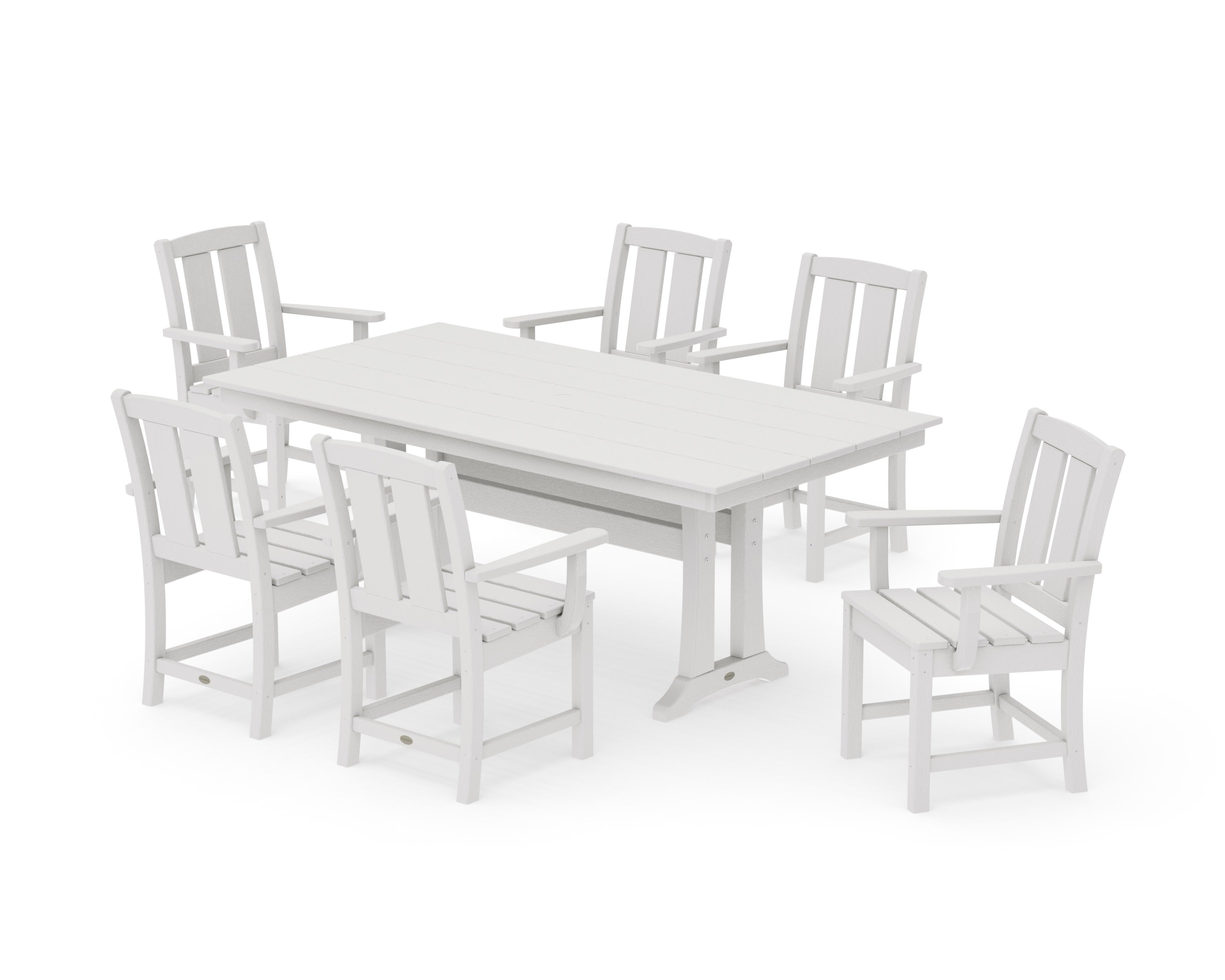 Mission Arm Chair 7-Piece Farmhouse Dining Set with Trestle Legs in Vintage White
