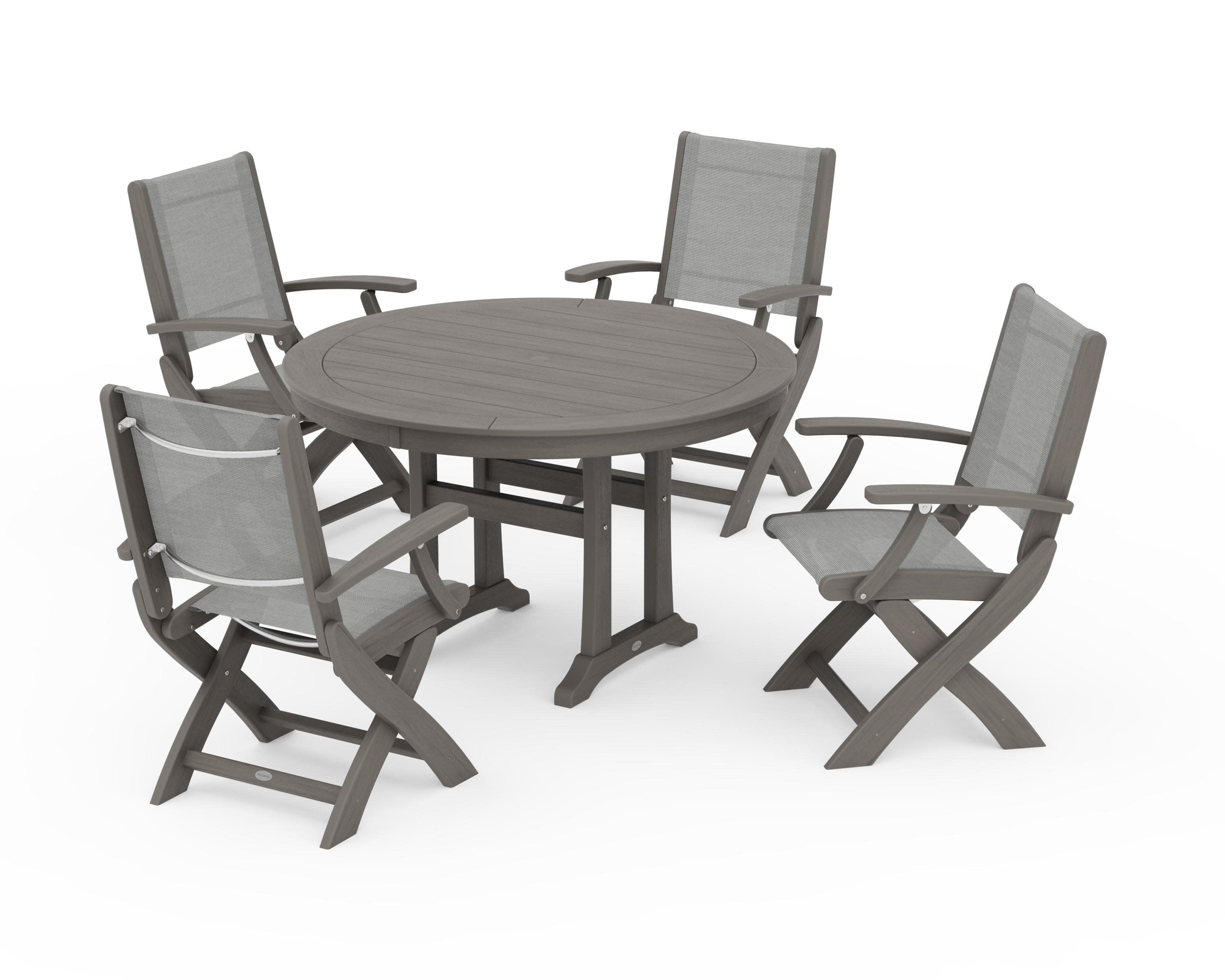 Coastal Folding Chair 5-Piece Round Dining Set with Trestle Legs in Driftwood / Metallic Sling