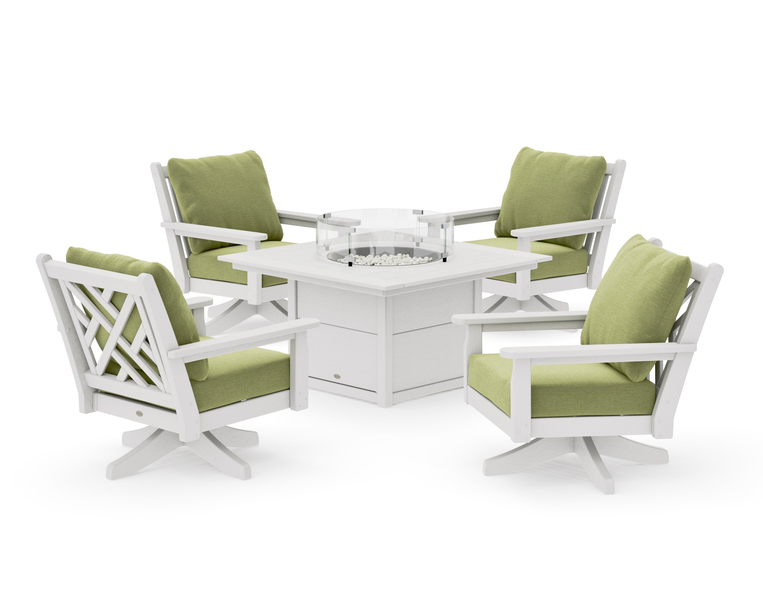 Chippendale 5-Piece Deep Seating Swivel Conversation Set with Fire Pit Table in Vintage White / Chartreuse Boucle