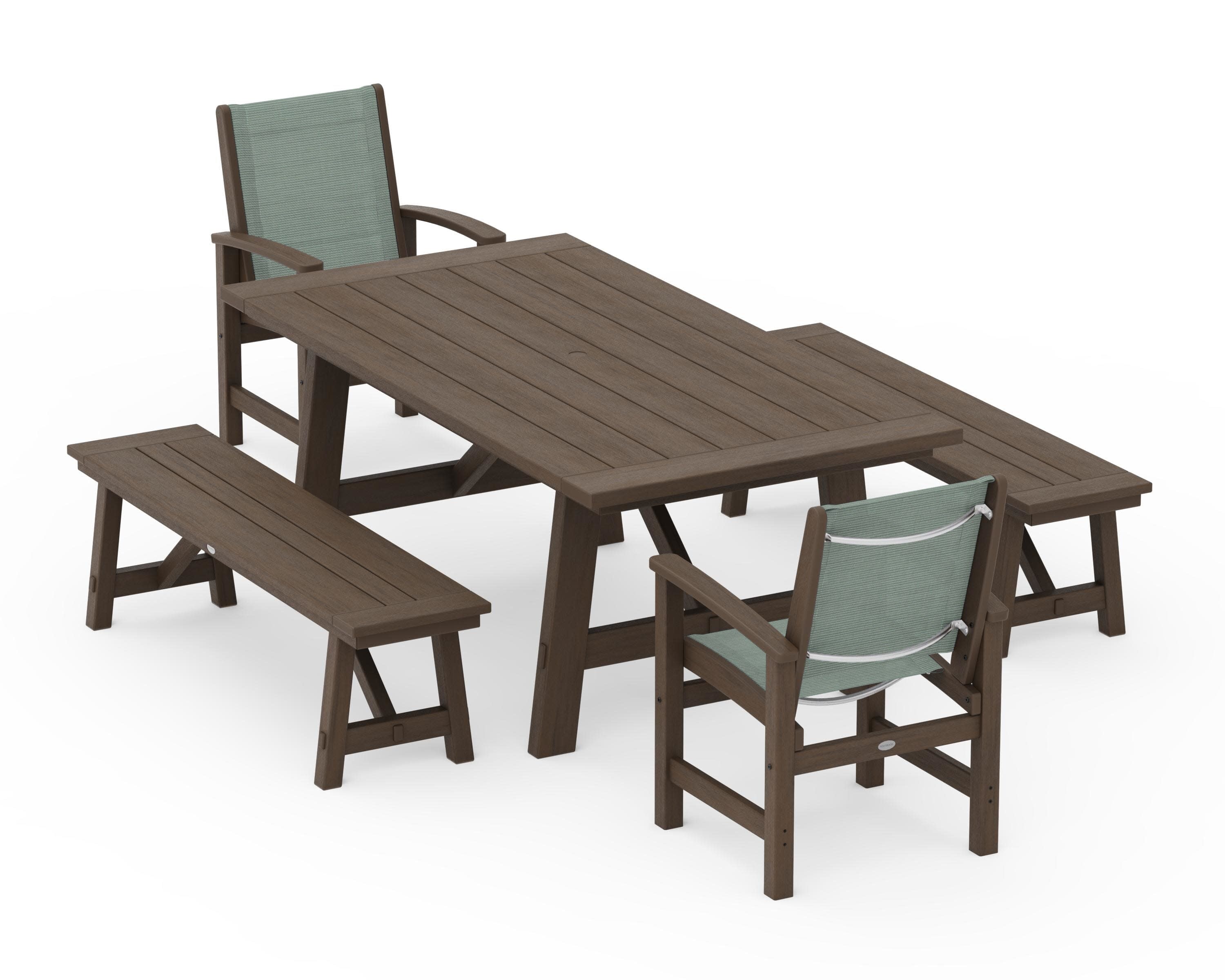 Coastal 5-Piece Rustic Farmhouse Dining Set With Benches in Kona / Dupioni Sea Mist Sling