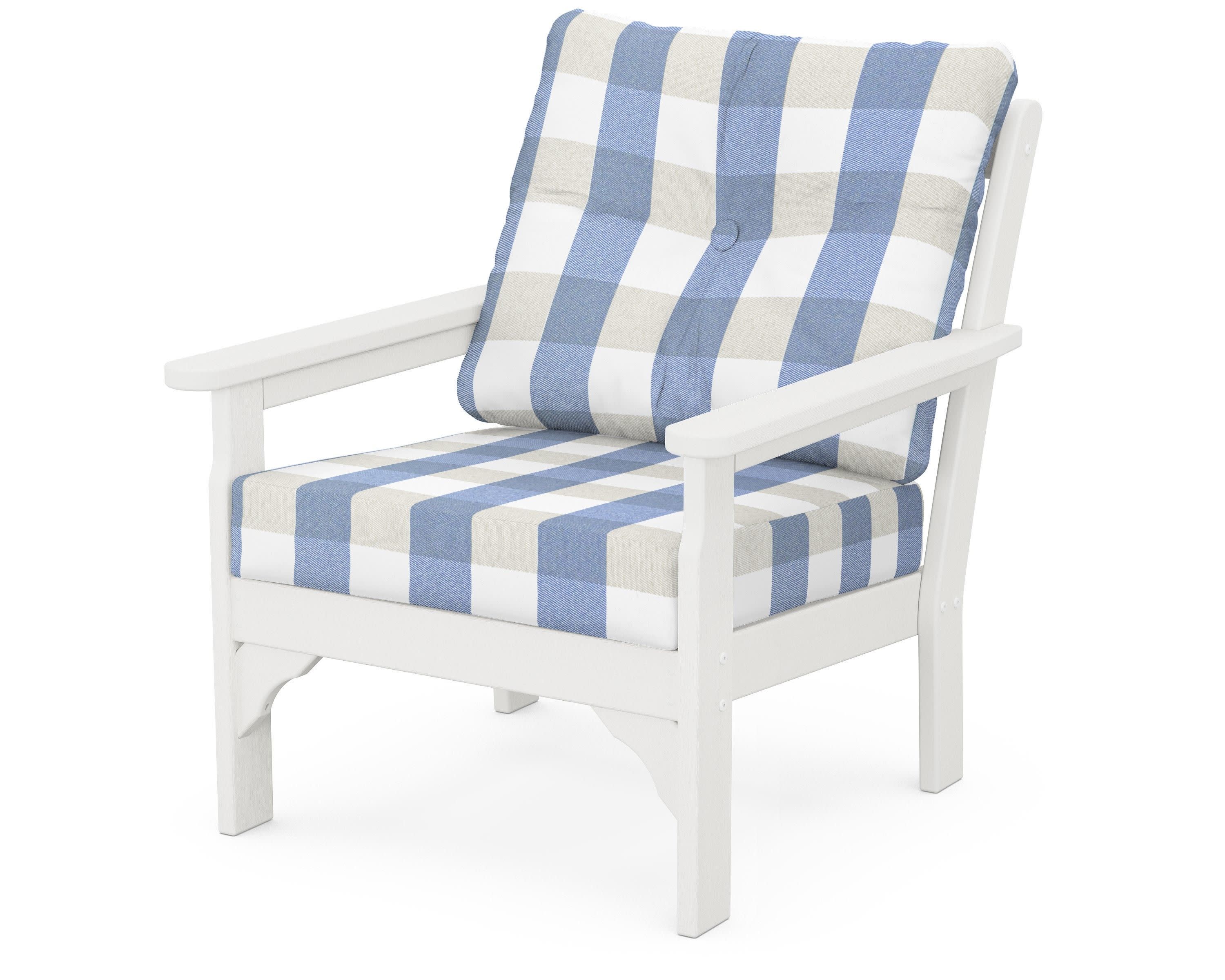 Vineyard Deep Seating Chair in Vintage White / Buffalo Plaid Sky Blue