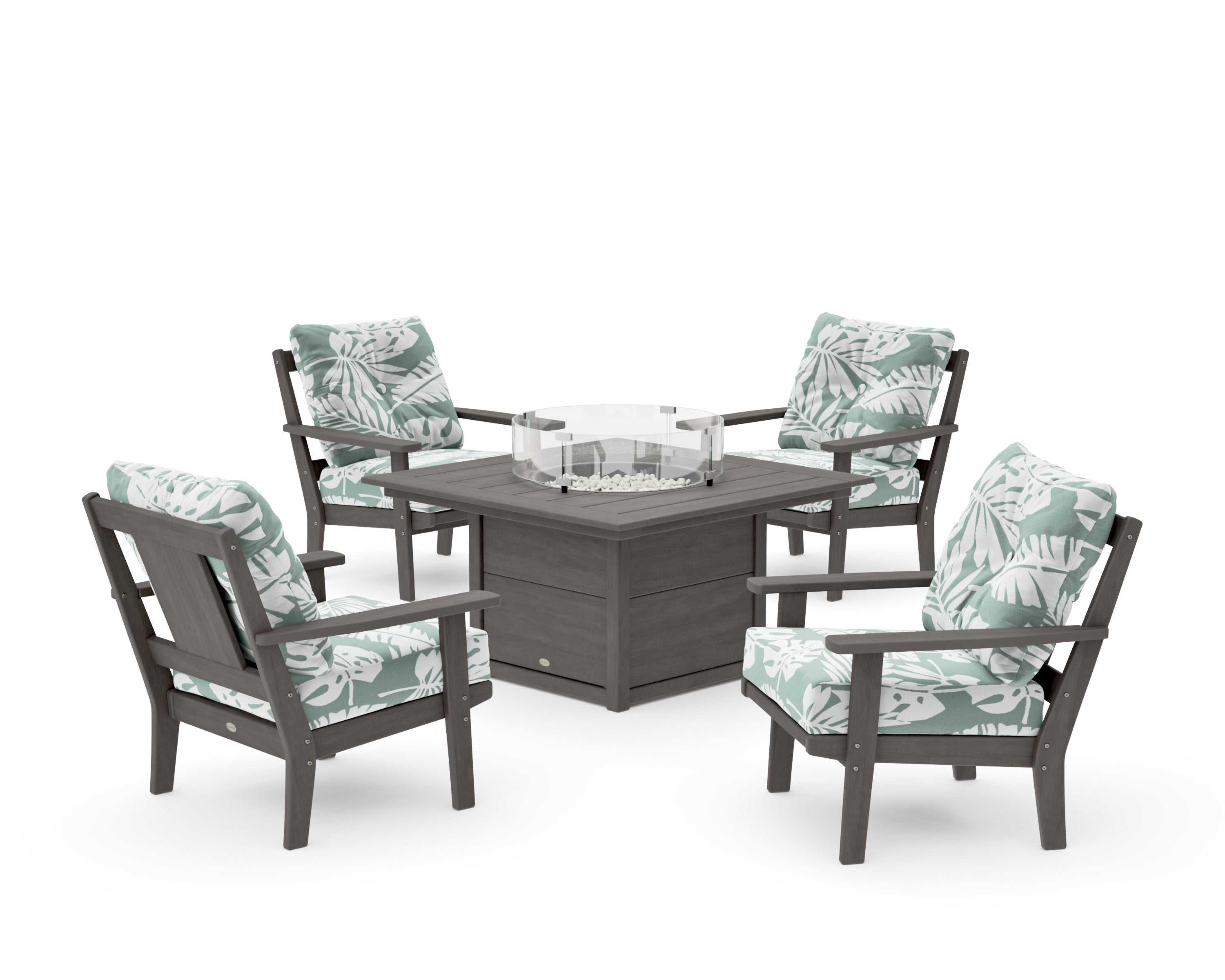 Prairie 5-Piece Deep Seating Set with Fire Pit Table in Driftwood / Leaf Glacier Spa