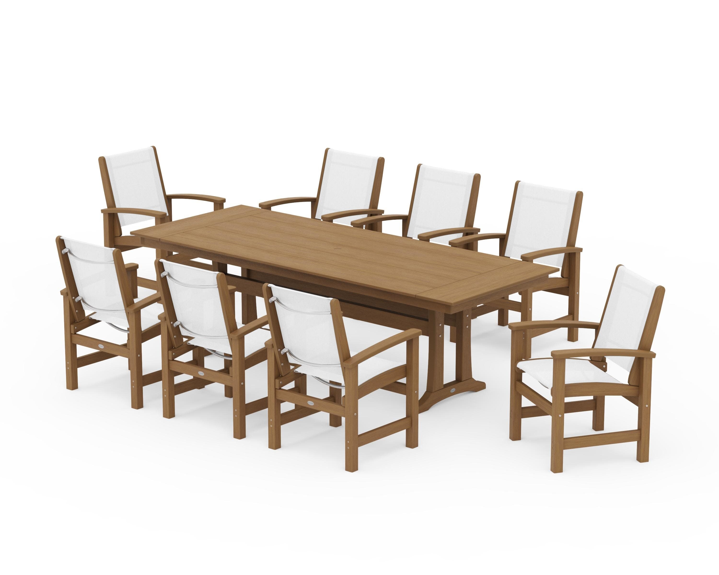Coastal 9-Piece Farmhouse Dining Set with Trestle Legs in Natural / White Sling