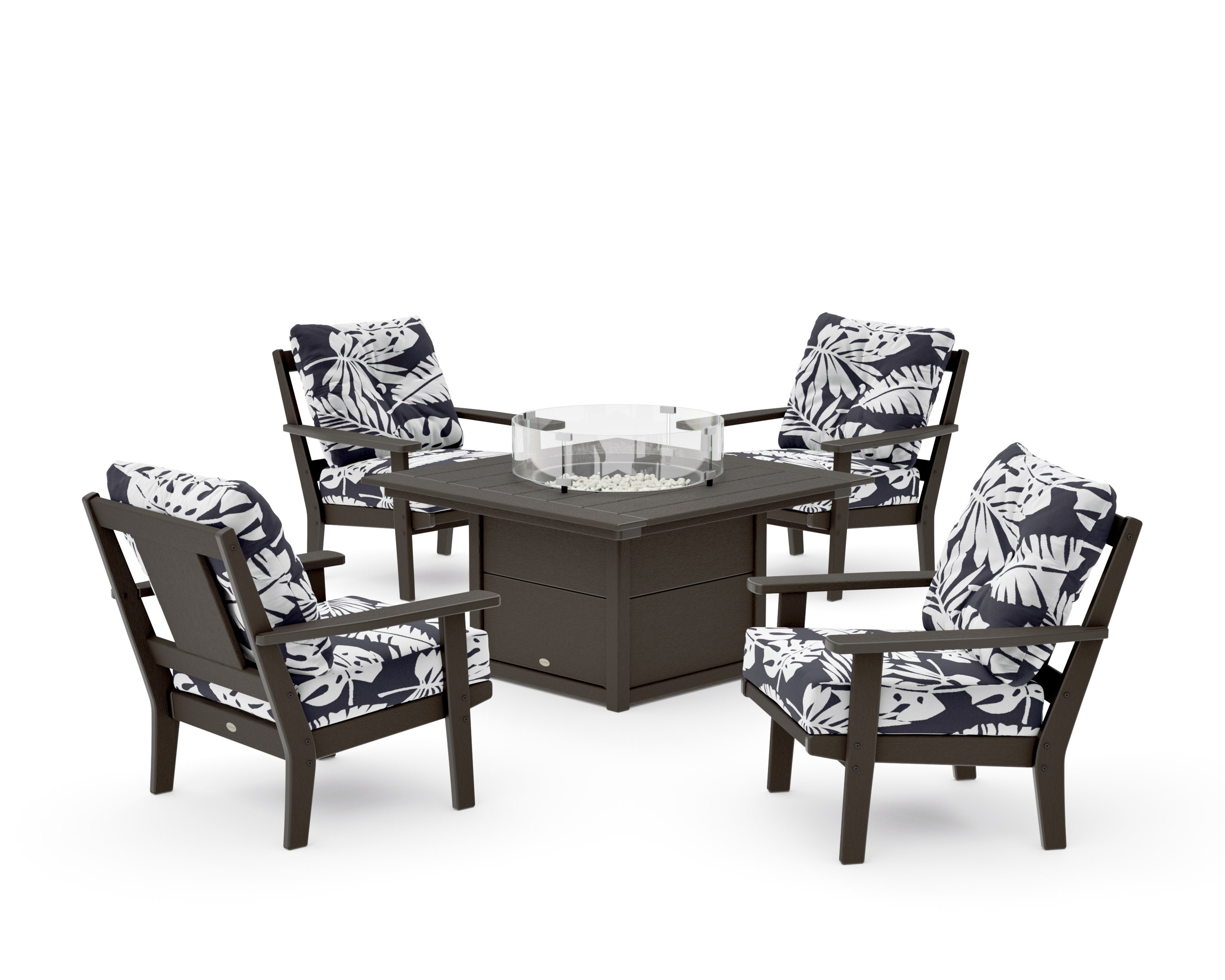 Prairie 5-Piece Deep Seating Set with Fire Pit Table in Vintage Coffee / Leaf Navy