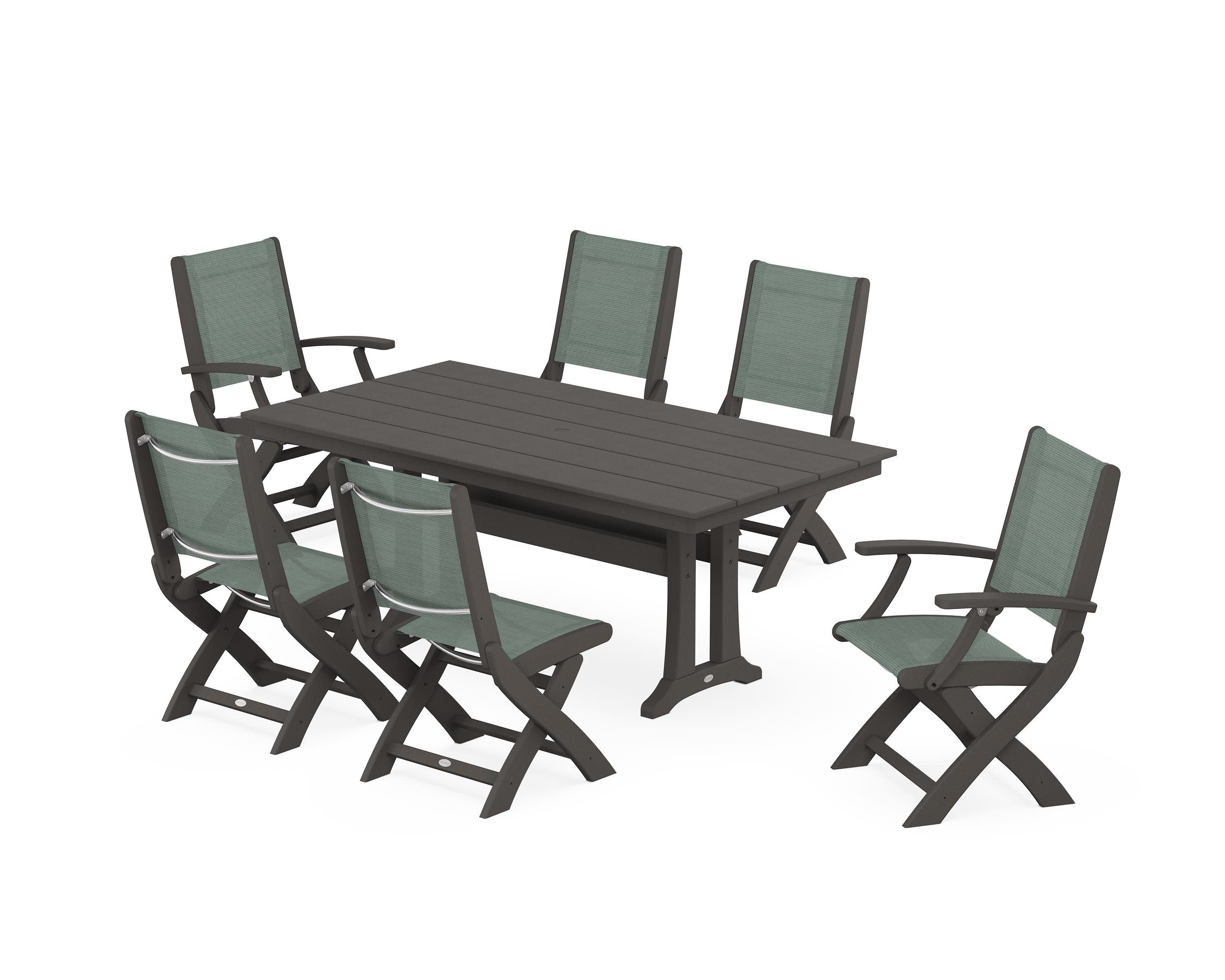 Coastal Folding Chair 7-Piece Farmhouse Dining Set with Trestle Legs in Vintage Coffee / Dupioni Sea Mist Sling