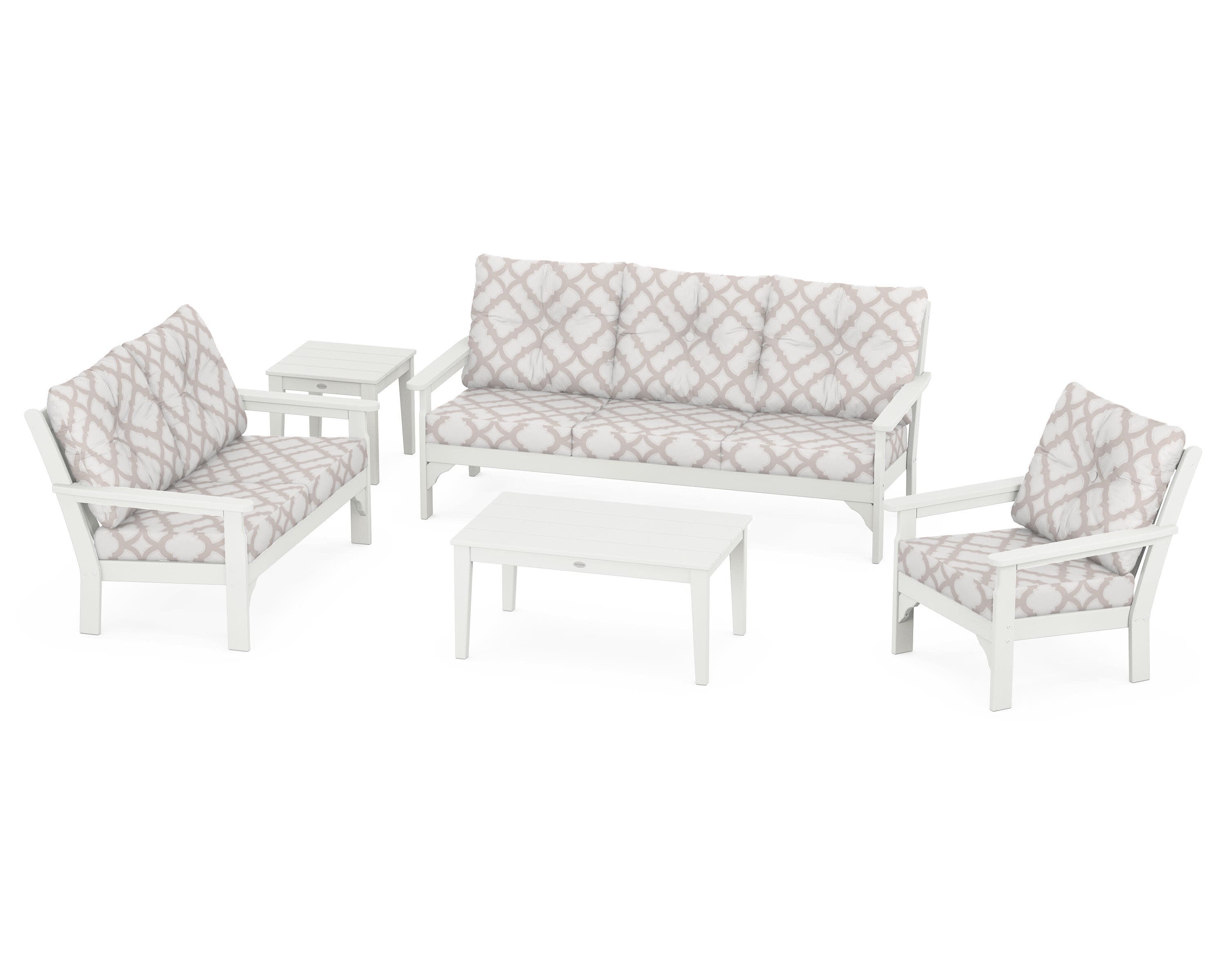 Vineyard 5 Piece Deep Seating Set in Vintage White / Trellis Dune Burlap