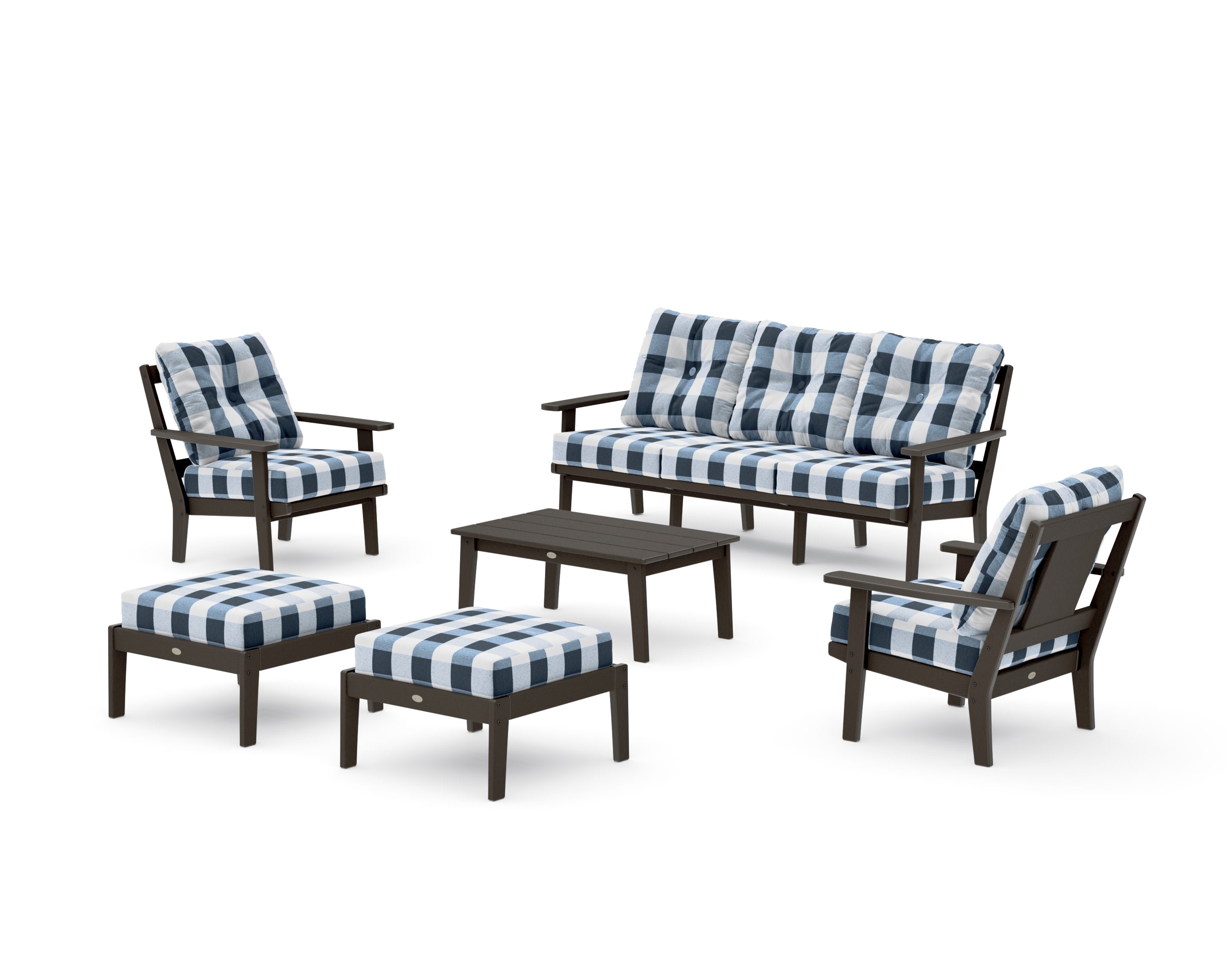 Prairie 6-Piece Lounge Sofa Set in Vintage Coffee / Buffalo Plaid Marine Indigo