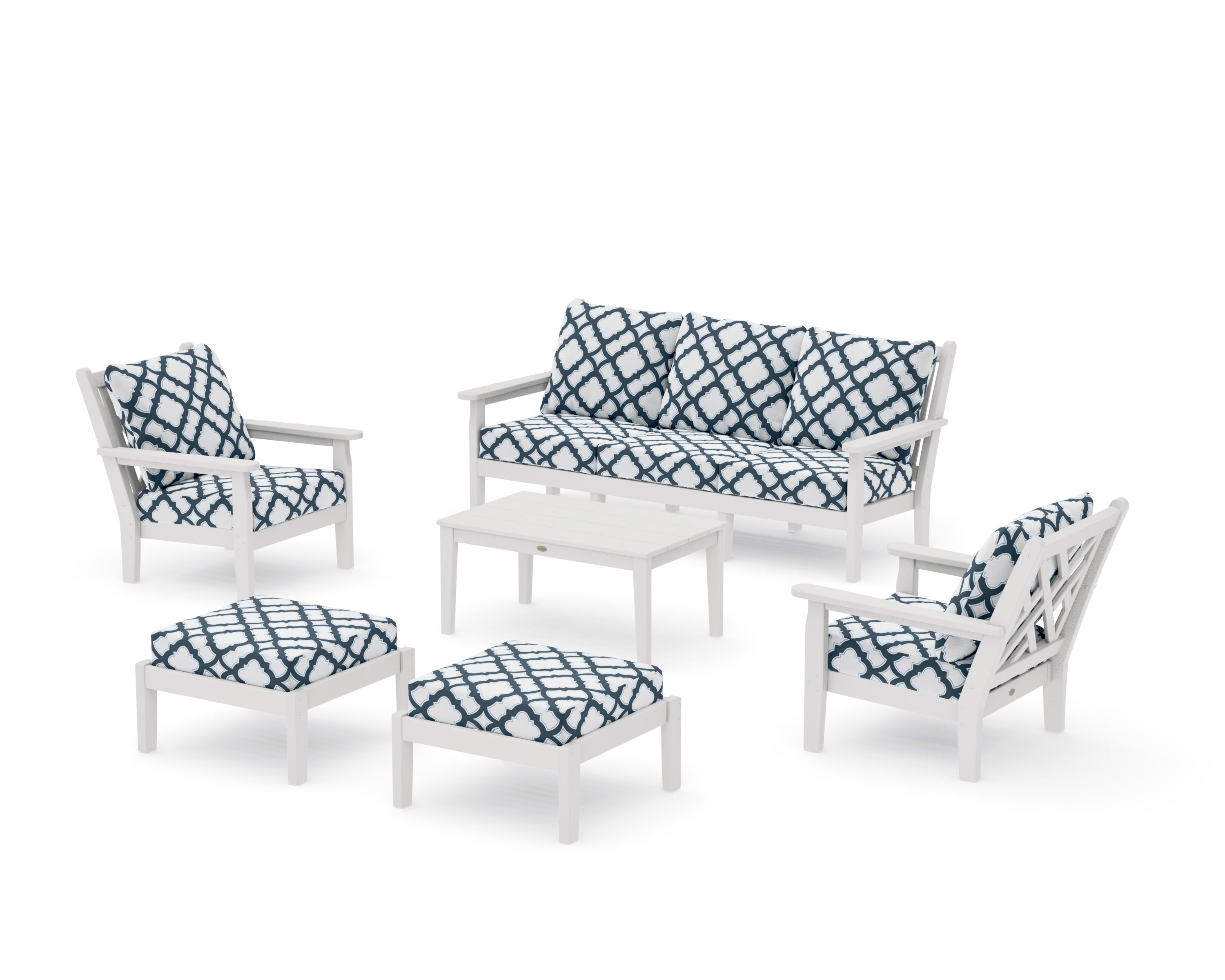 Chippendale 6-Piece Lounge Sofa Set in Vintage White / Trellis Marine Indigo