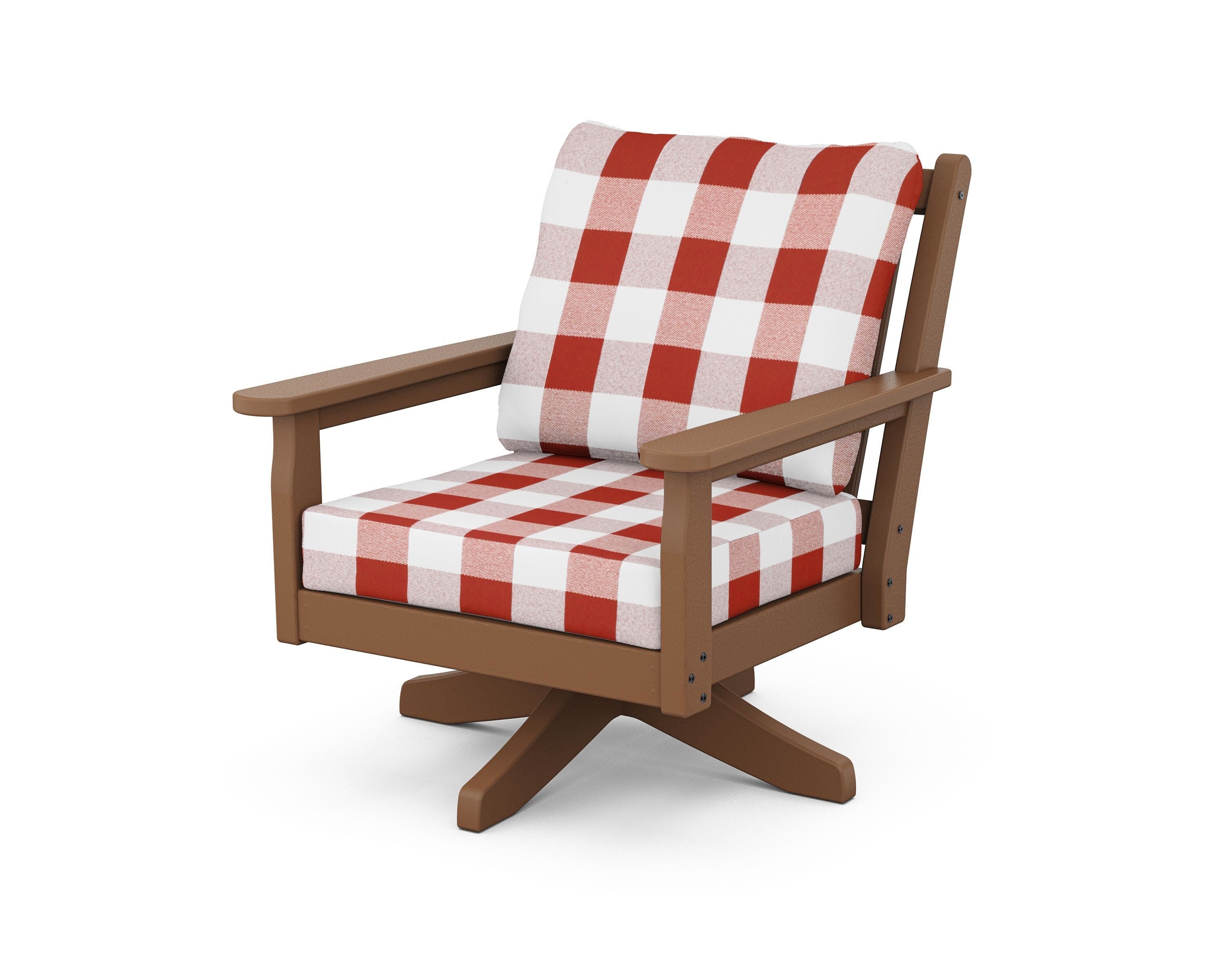 Chippendale Deep Seating Swivel Chair in Teak / Buffalo Plaid Crimson