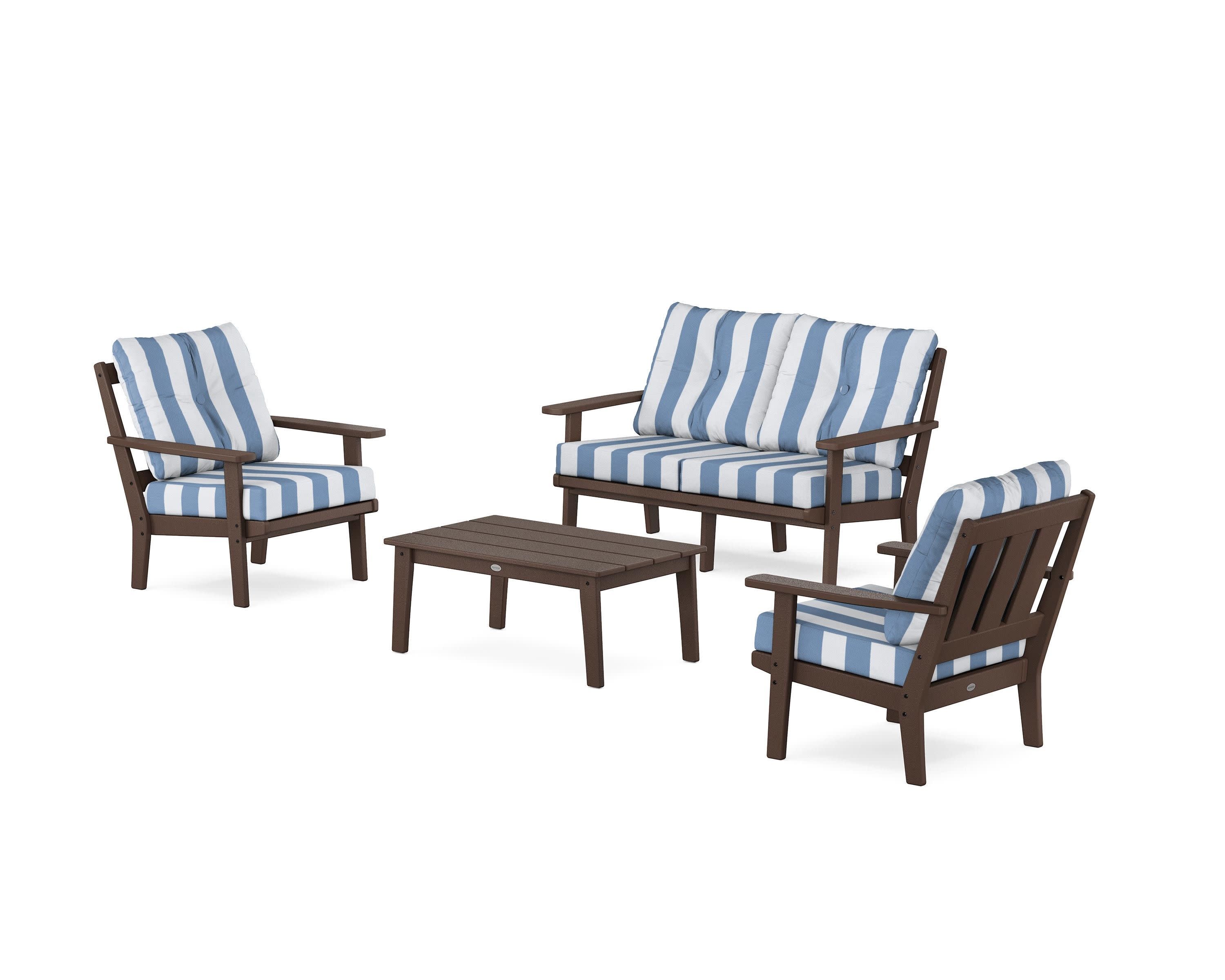 Oxford 4-Piece Deep Seating Set with Loveseat in Mahogany / Cabana Stripe Sky Blue