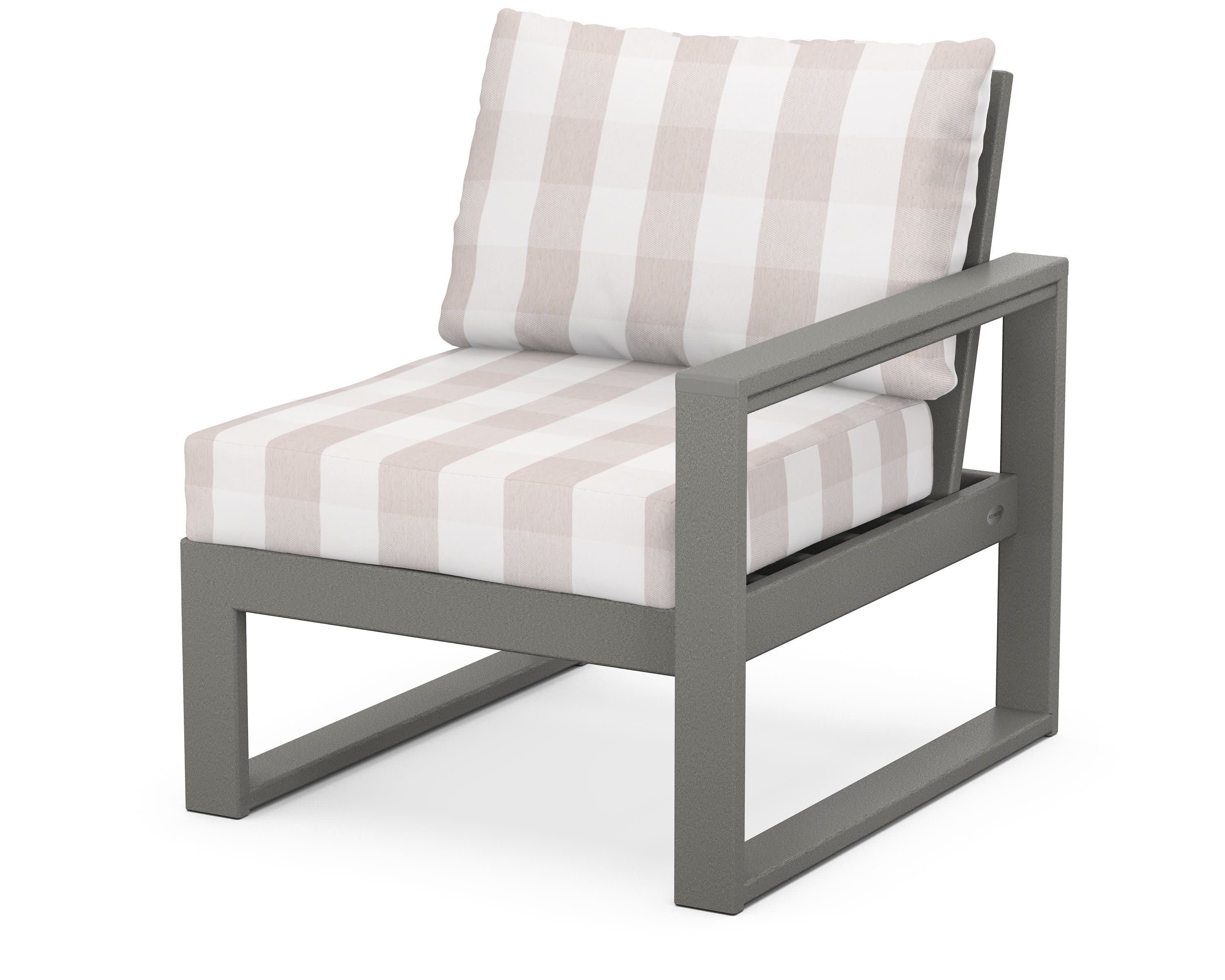 EDGE Modular Right Arm Chair in Slate Grey / Buffalo Plaid Dune Burlap