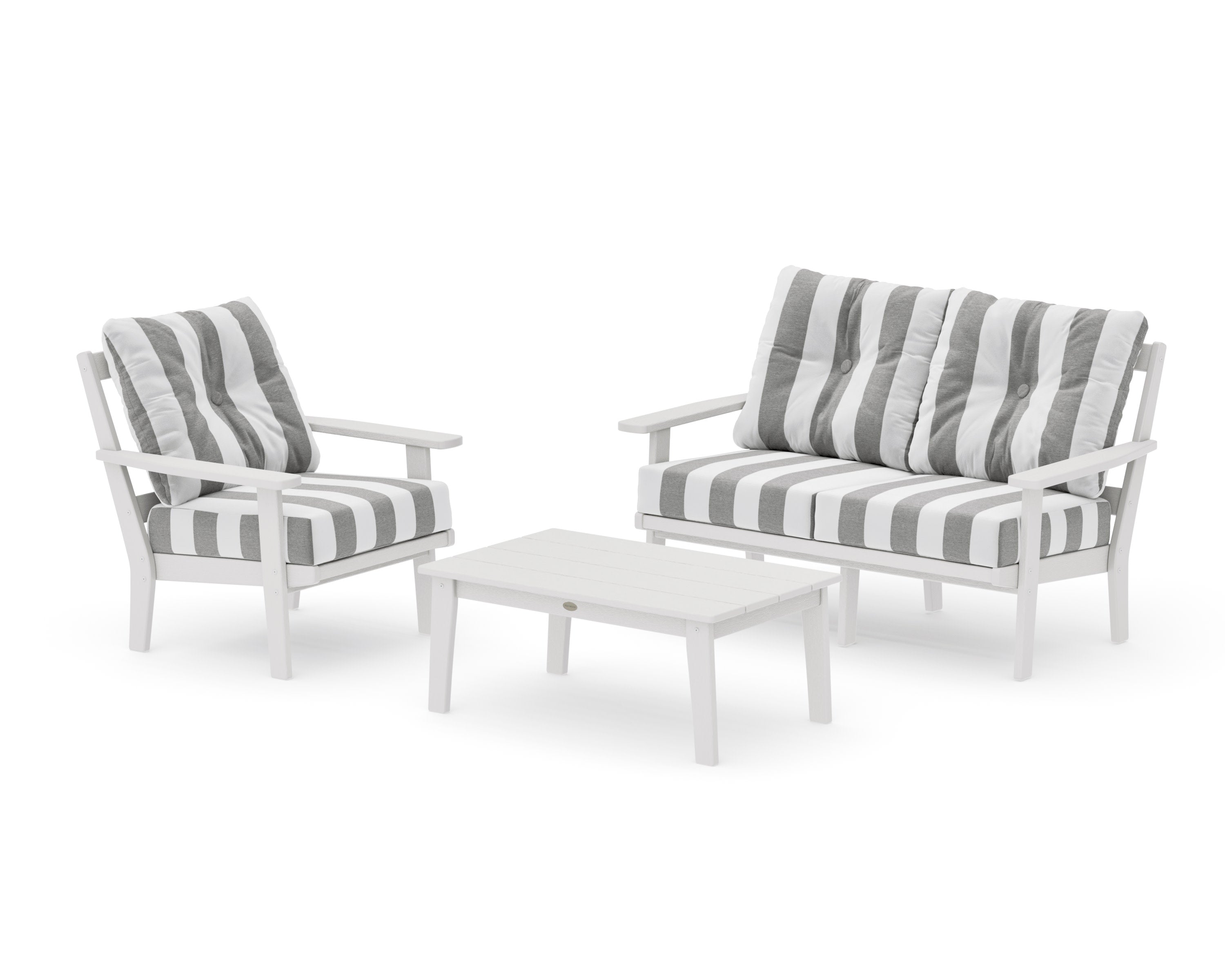 Prairie 3-Piece Deep Seating Set with Loveseat in Vintage White / Cabana Stripe Grey Mist