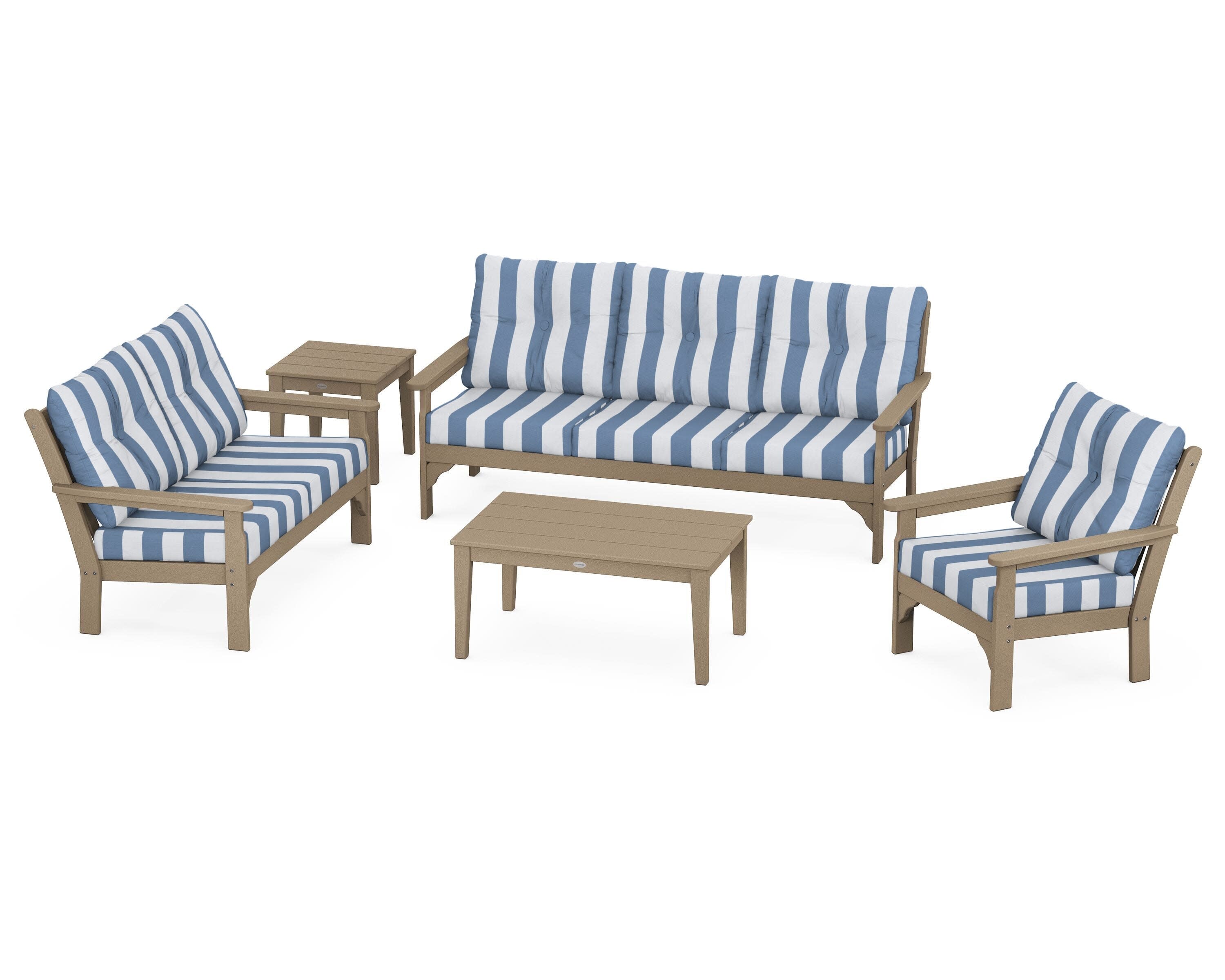 Vineyard 5 Piece Deep Seating Set in Vintage Sahara / Cabana Stripe Sky Blue