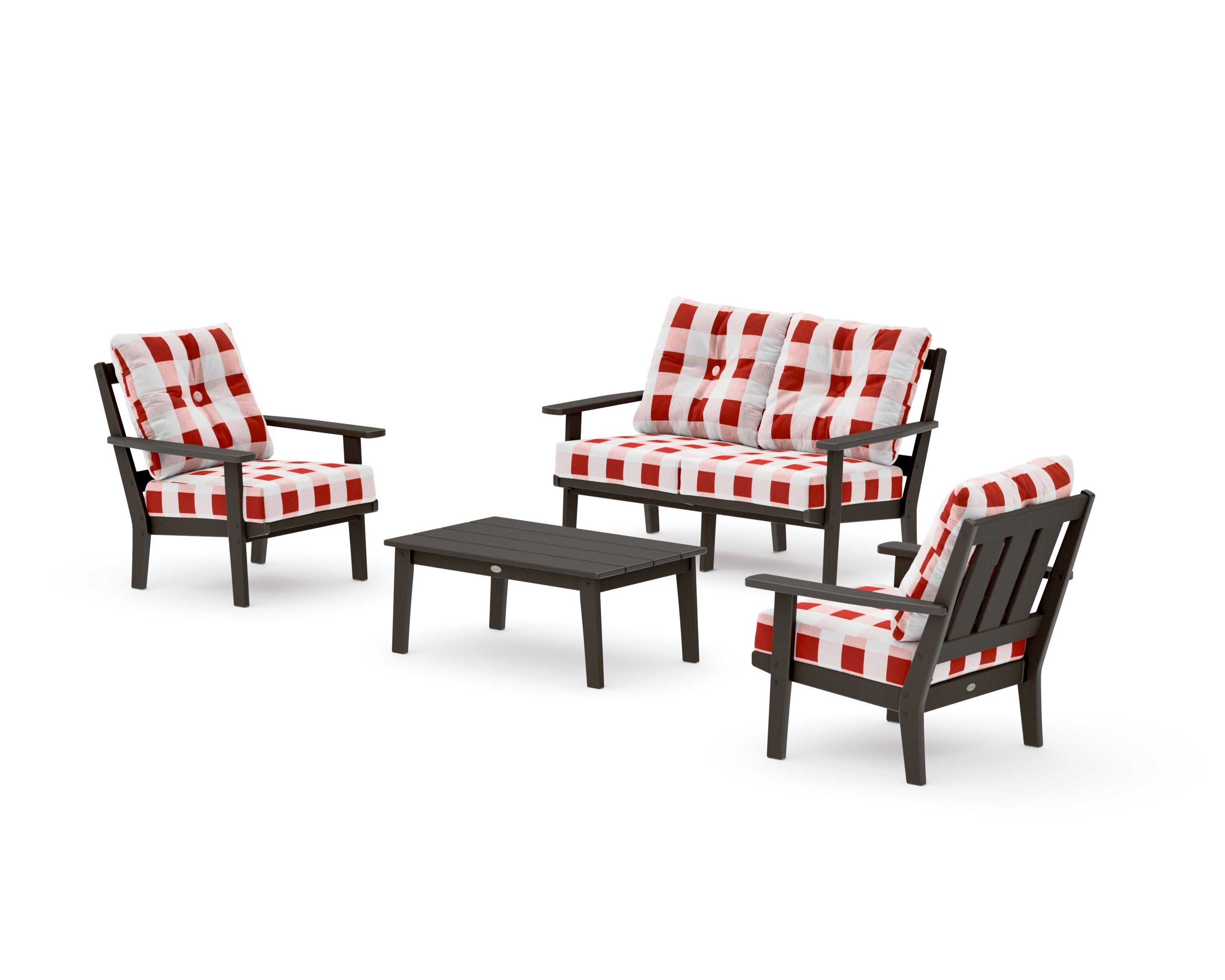 Oxford 4-Piece Deep Seating Set with Loveseat in Vintage Coffee / Buffalo Plaid Crimson
