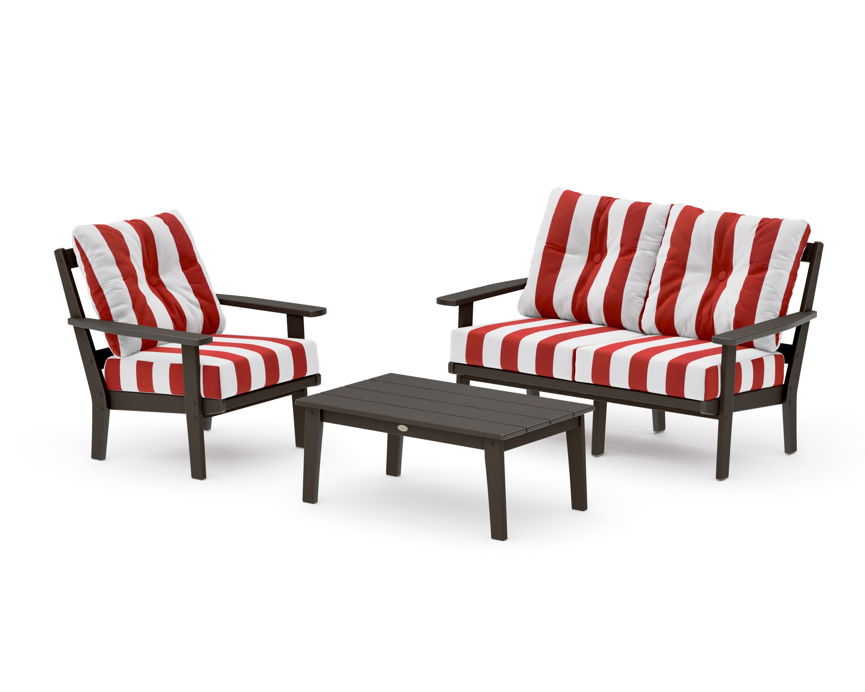 Prairie 3-Piece Deep Seating Set with Loveseat in Vintage Coffee / Cabana Stripe Crimson