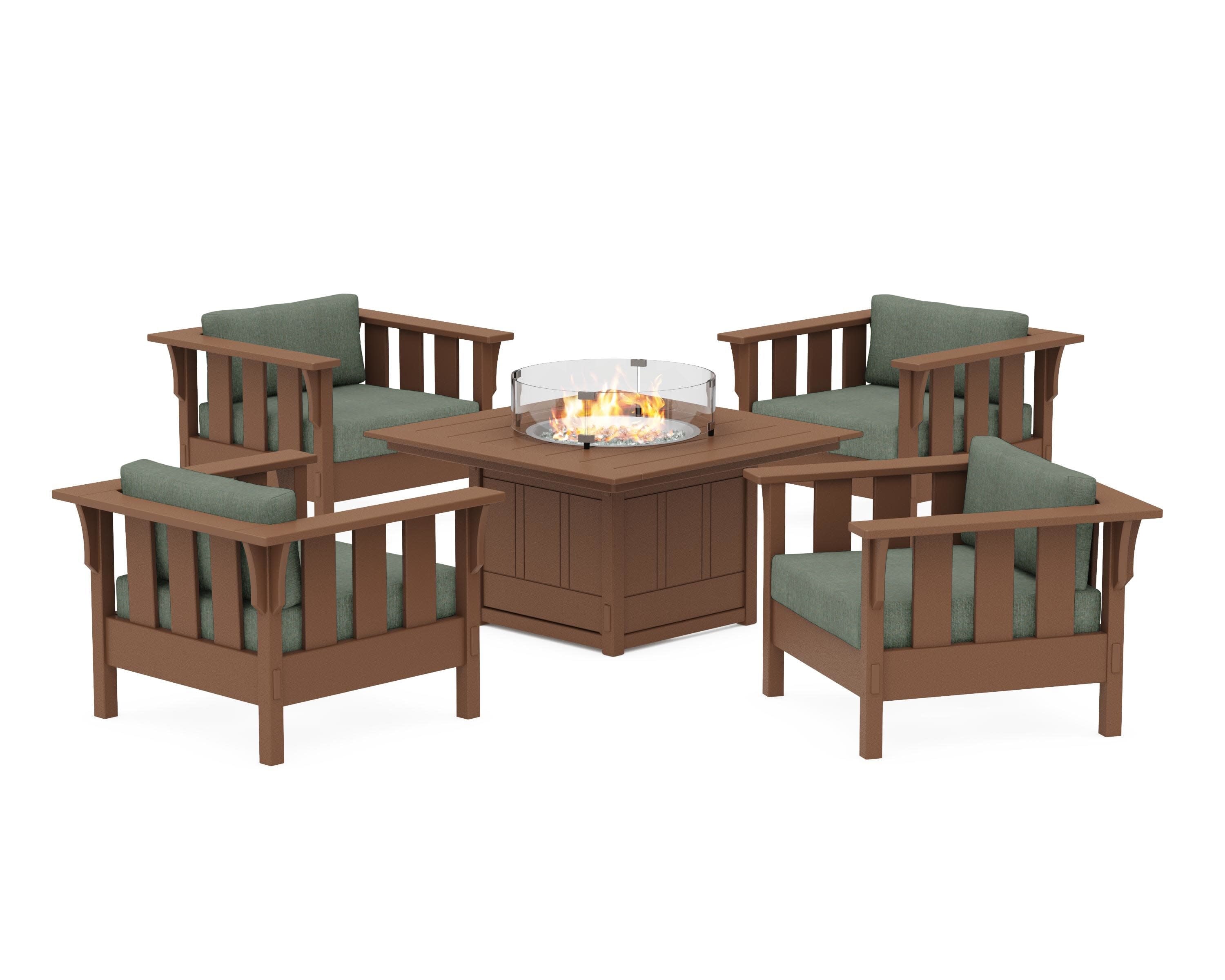 Acadia 5-Piece Deep Seating Set with Fire Pit Table in Teak / Cast Sage