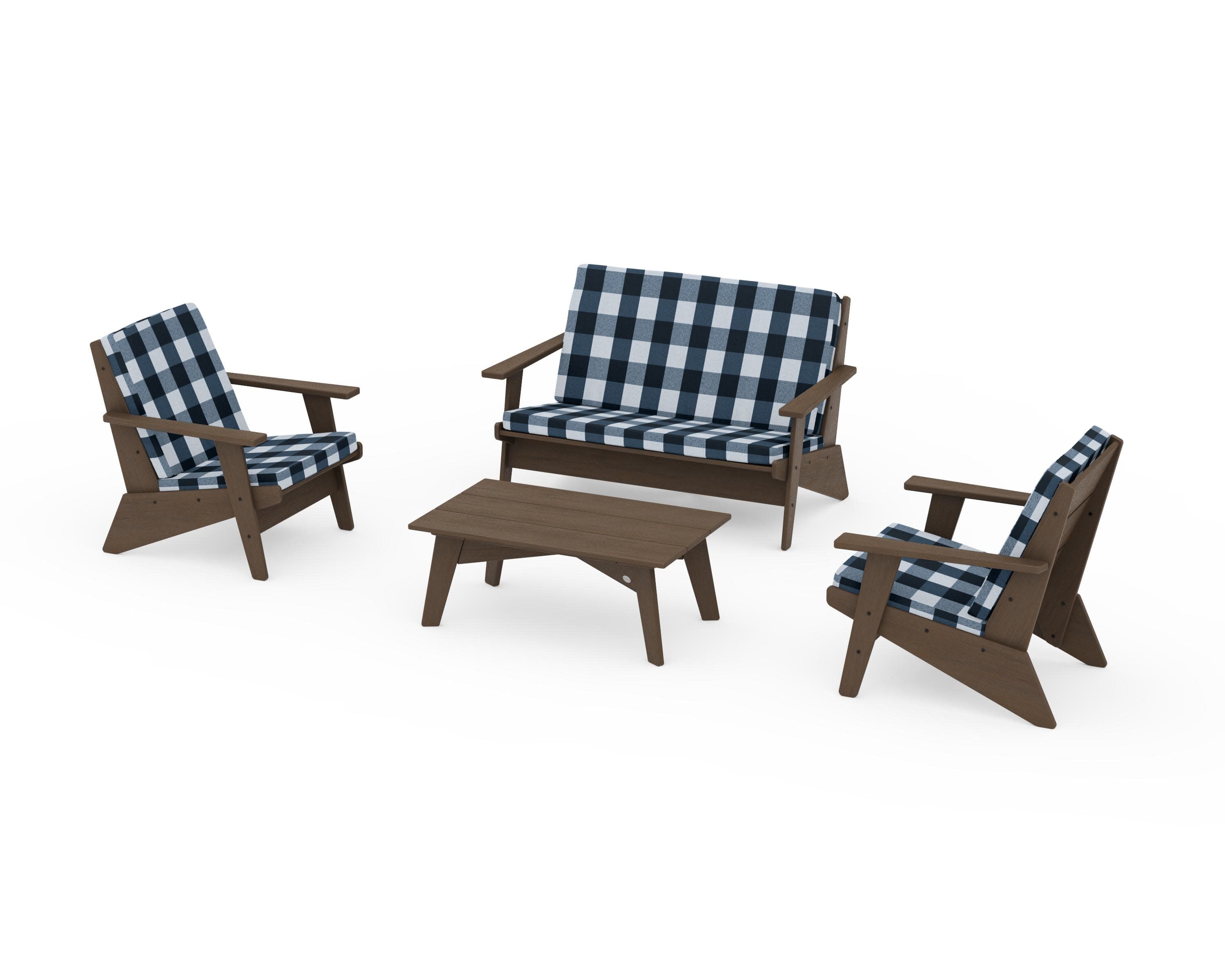 Riviera Modern Lounge 4-Piece Set in Kona / Buffalo Plaid Marine Indigo