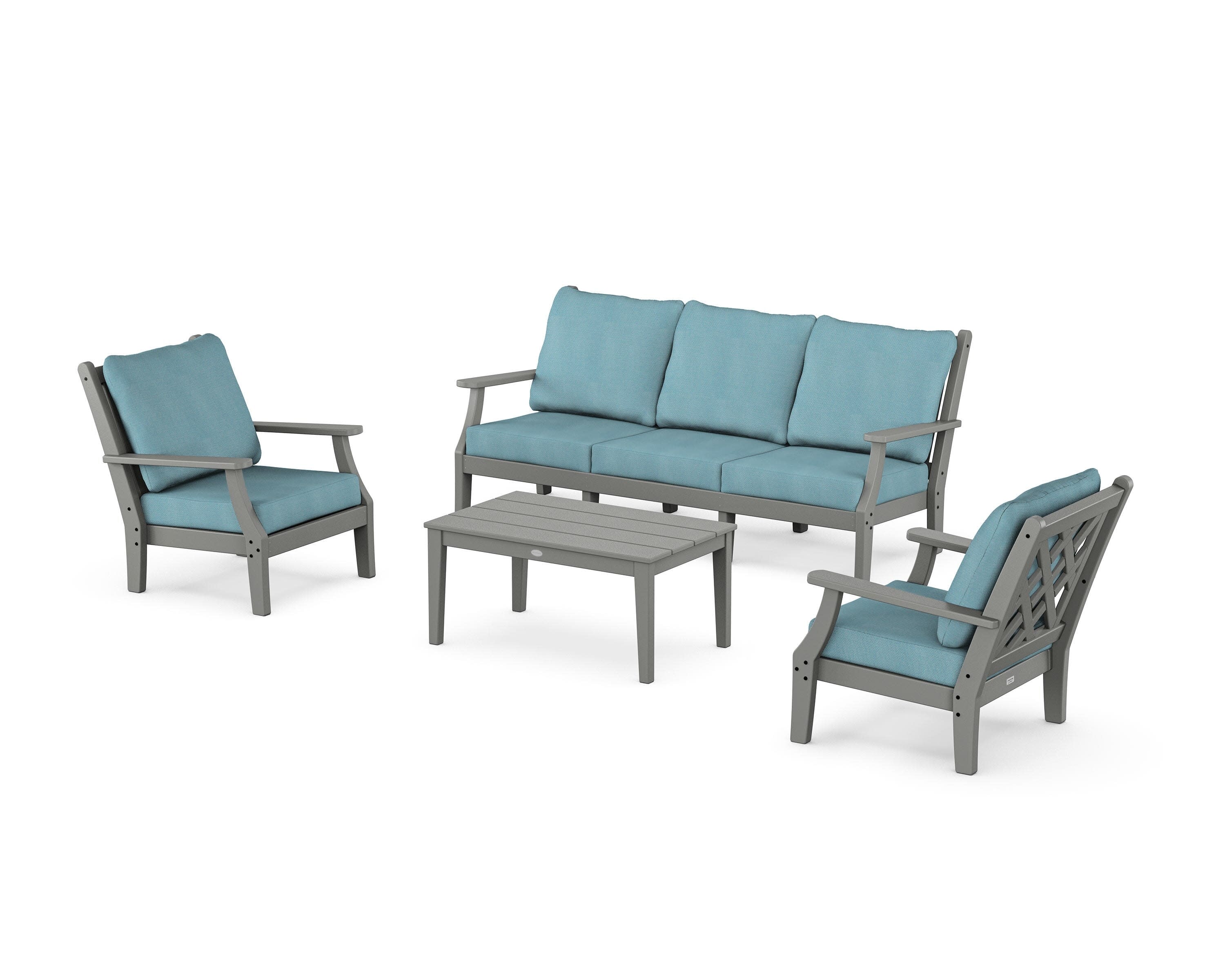 Wovendale 4-Piece Deep Seating Set with Sofa in Slate Grey / Lattice Sky Blue