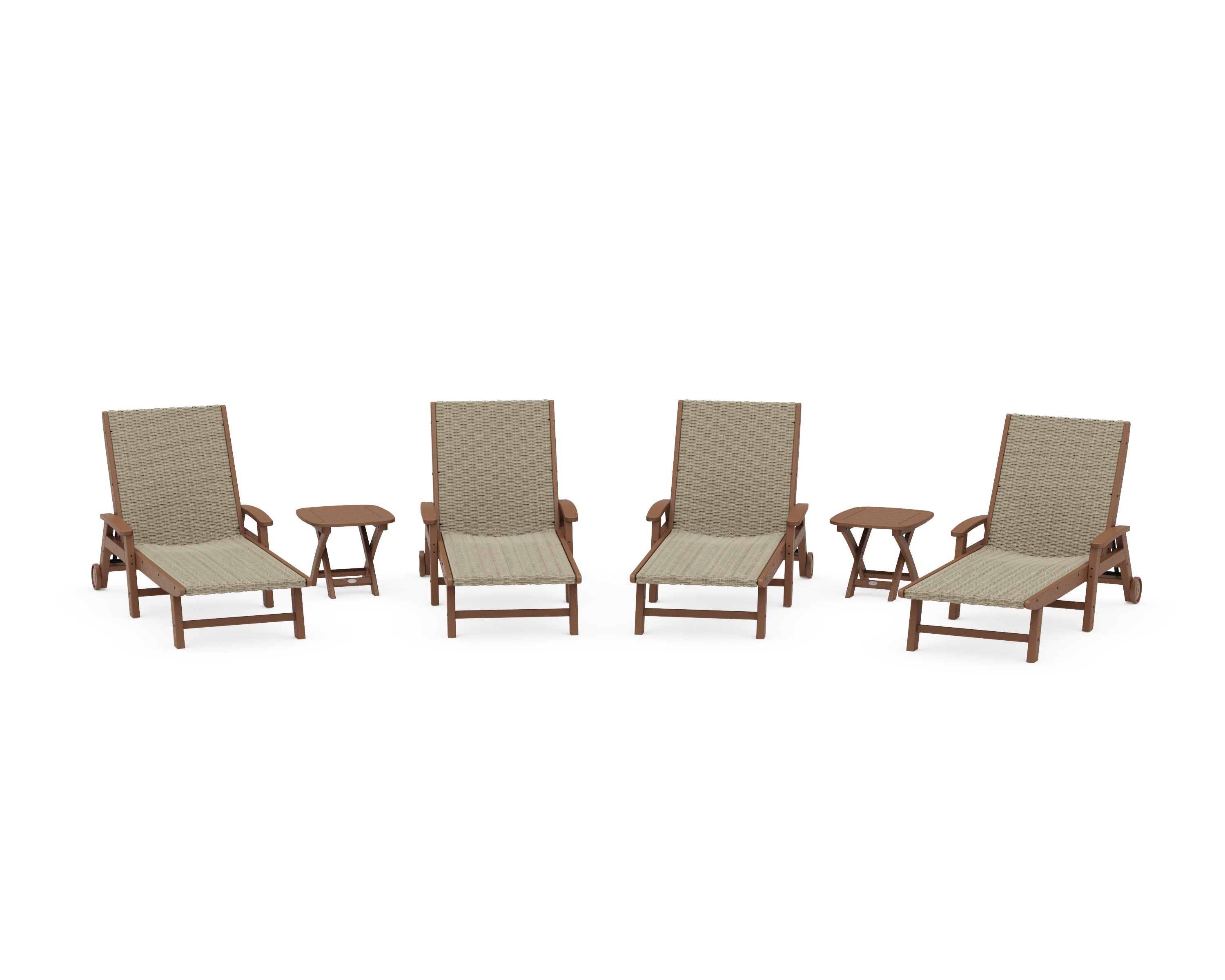 6- Piece Coastal Woven Chaise with Arms and Wheels Chaise Lounge Set in Teak / Dune Grass