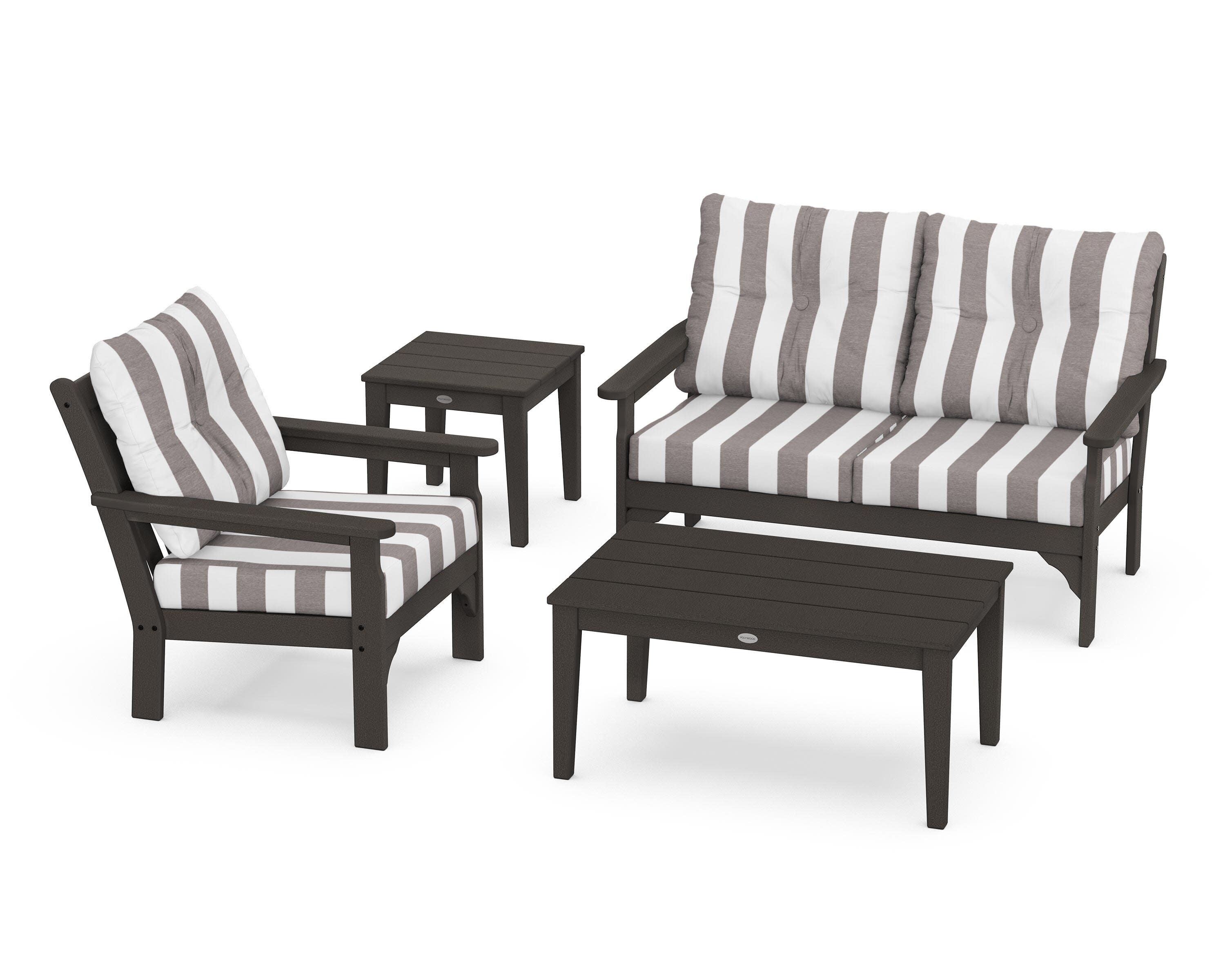 Vineyard 4-Piece Deep Seating Set in Vintage Coffee / Cabana Stripe Grey Mist