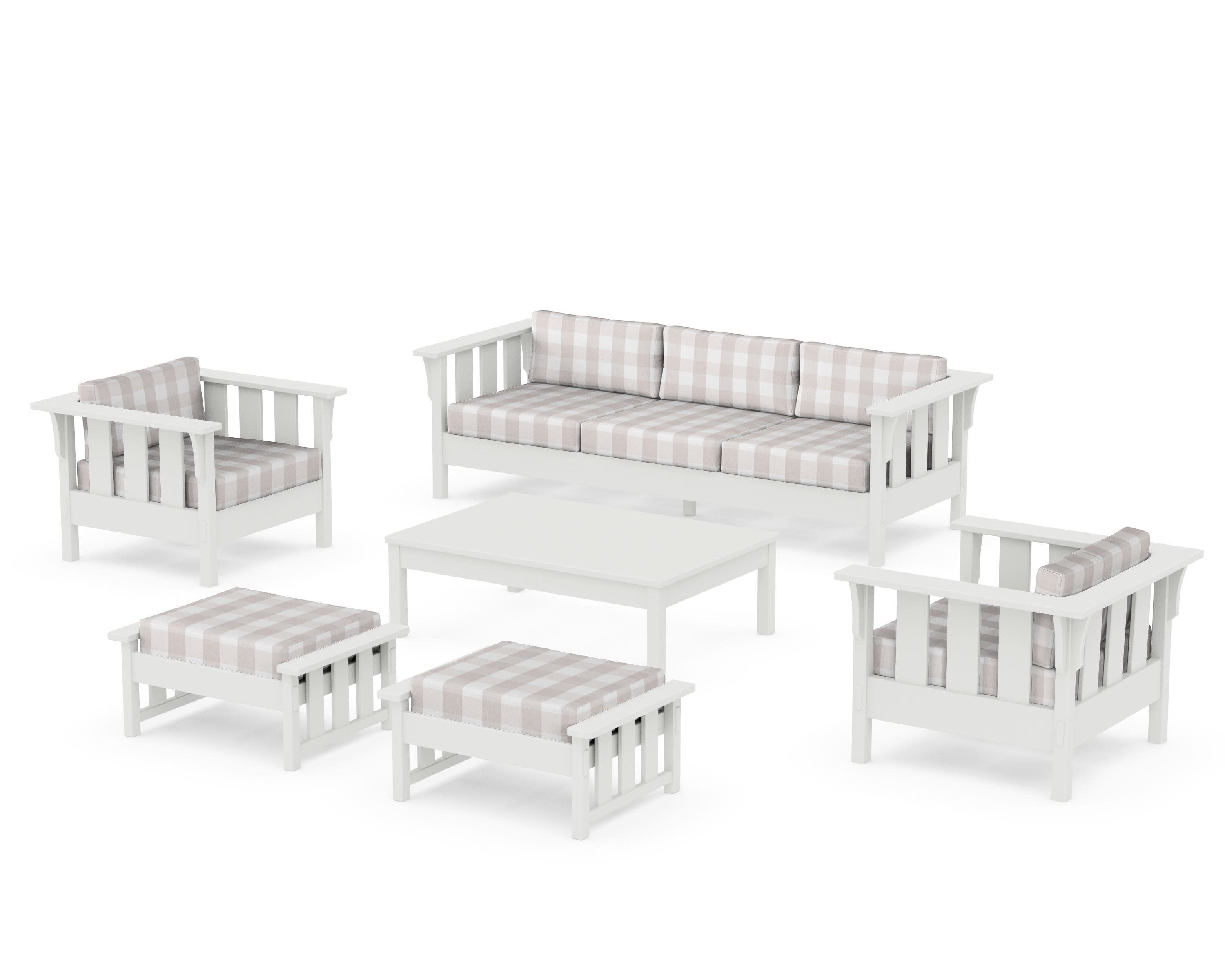 Acadia 6-Piece Lounge Sofa Set in Vintage White / Buffalo Plaid Dune Burlap