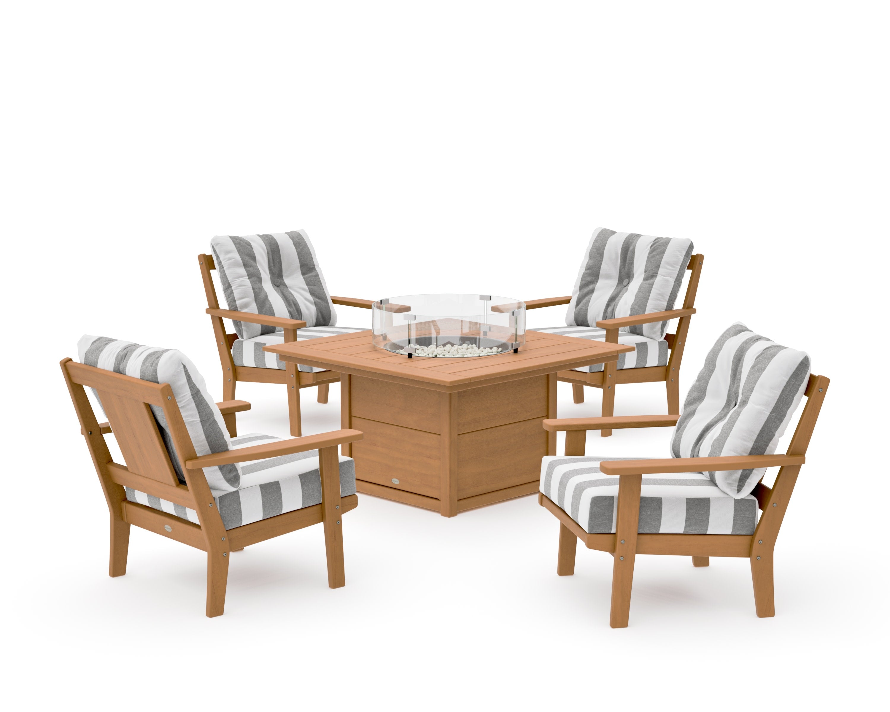 Prairie 5-Piece Deep Seating Set with Fire Pit Table in Natural / Cabana Stripe Grey Mist