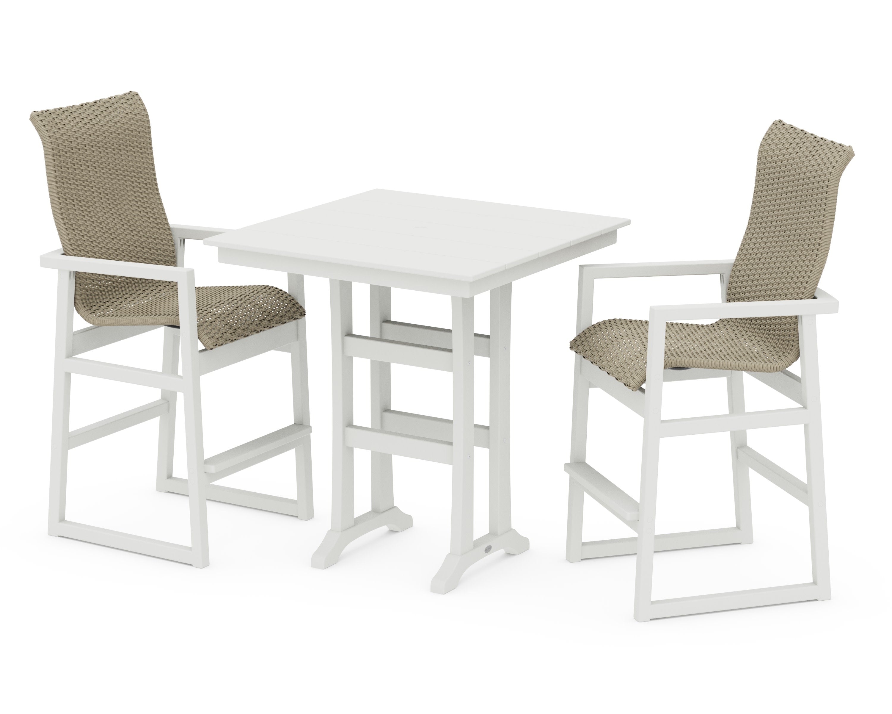 EDGE Woven Highback 3-Piece Farmhouse Bar Set with Trestle Legs in Vintage White / Dune Grass