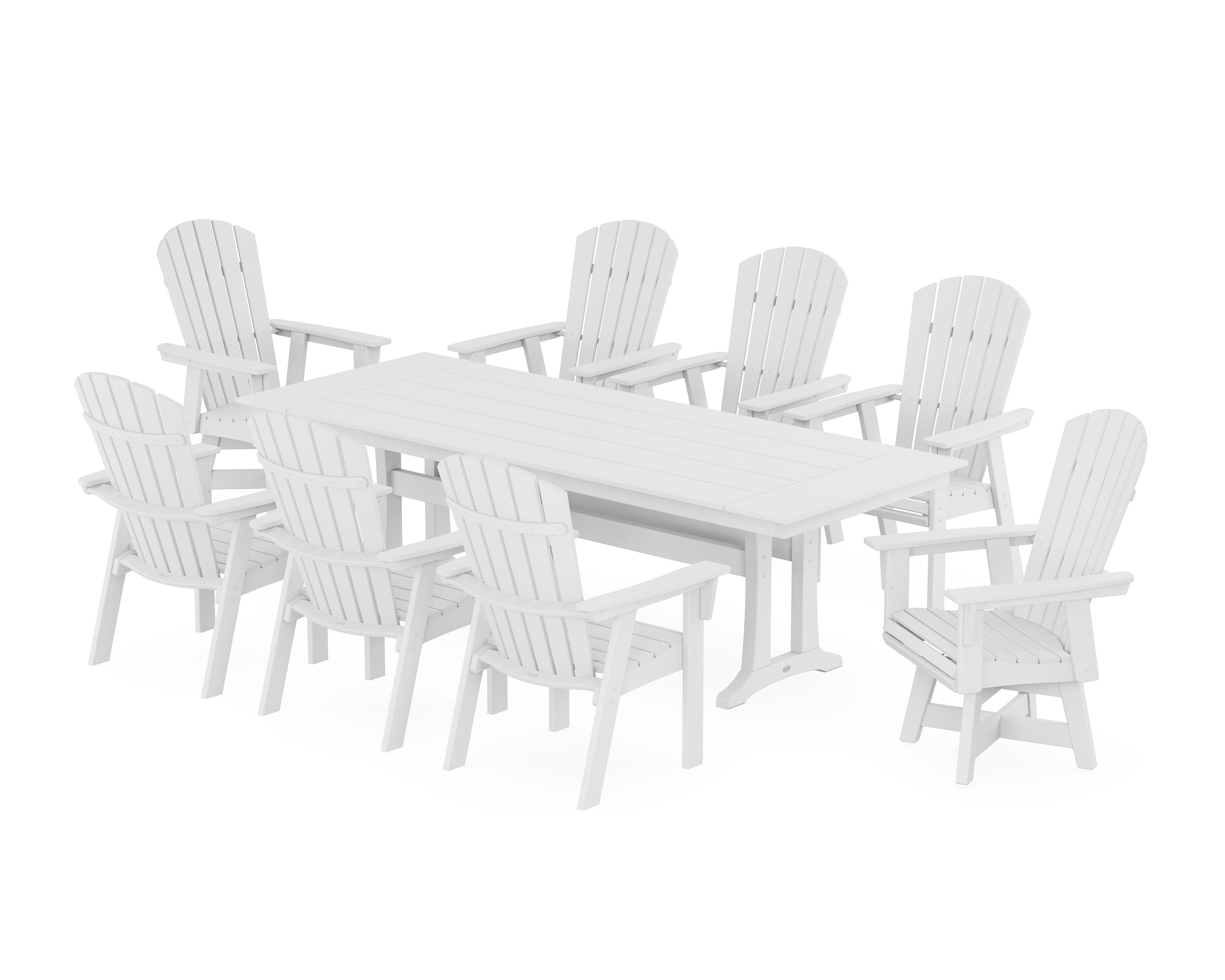Nautical Curveback Adirondack Swivel 9-Piece Farmhouse Dining Set with Trestle Legs in White