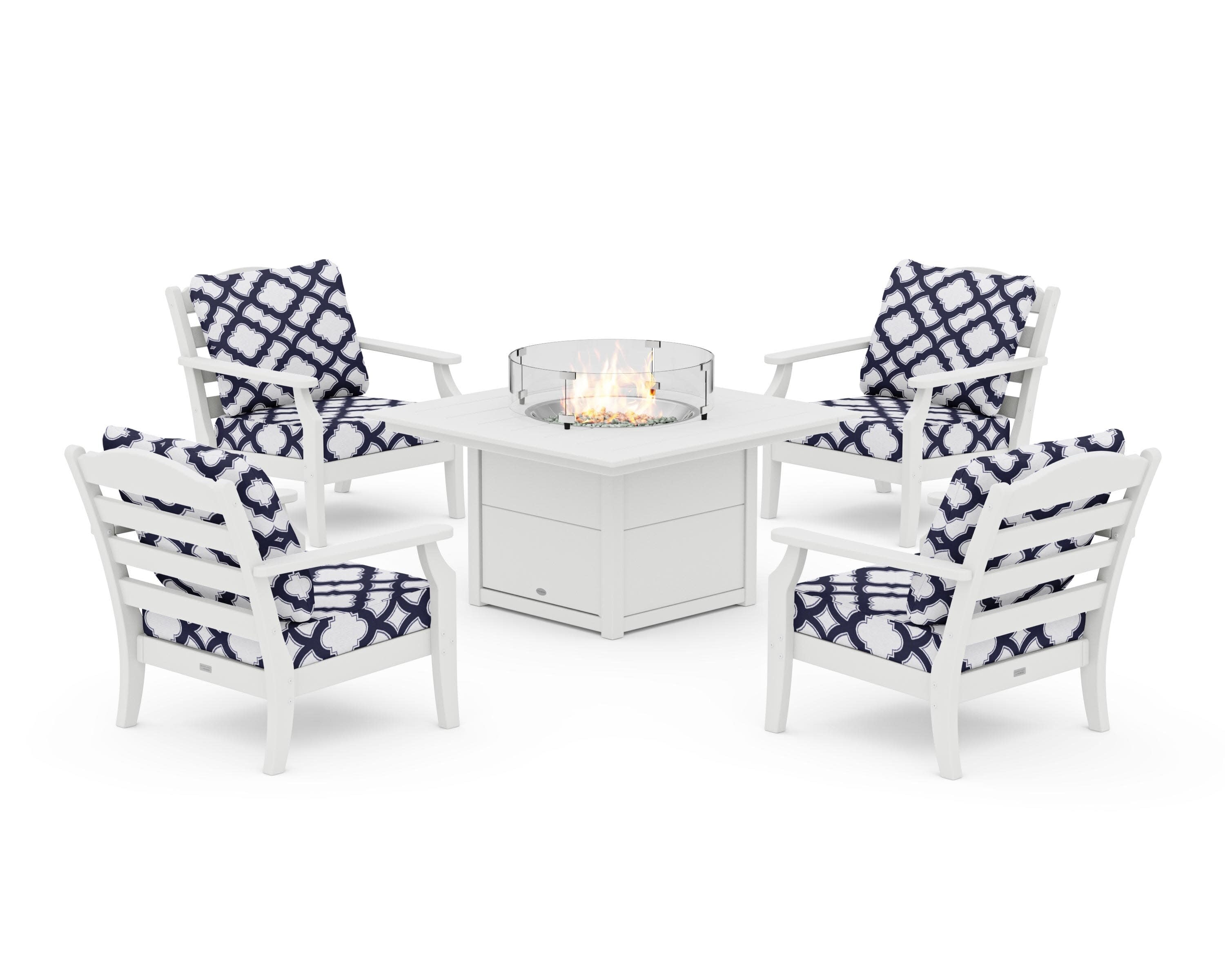 Savannah 5-Piece Deep Seating Set with Fire Pit Table in White / Trellis Navy