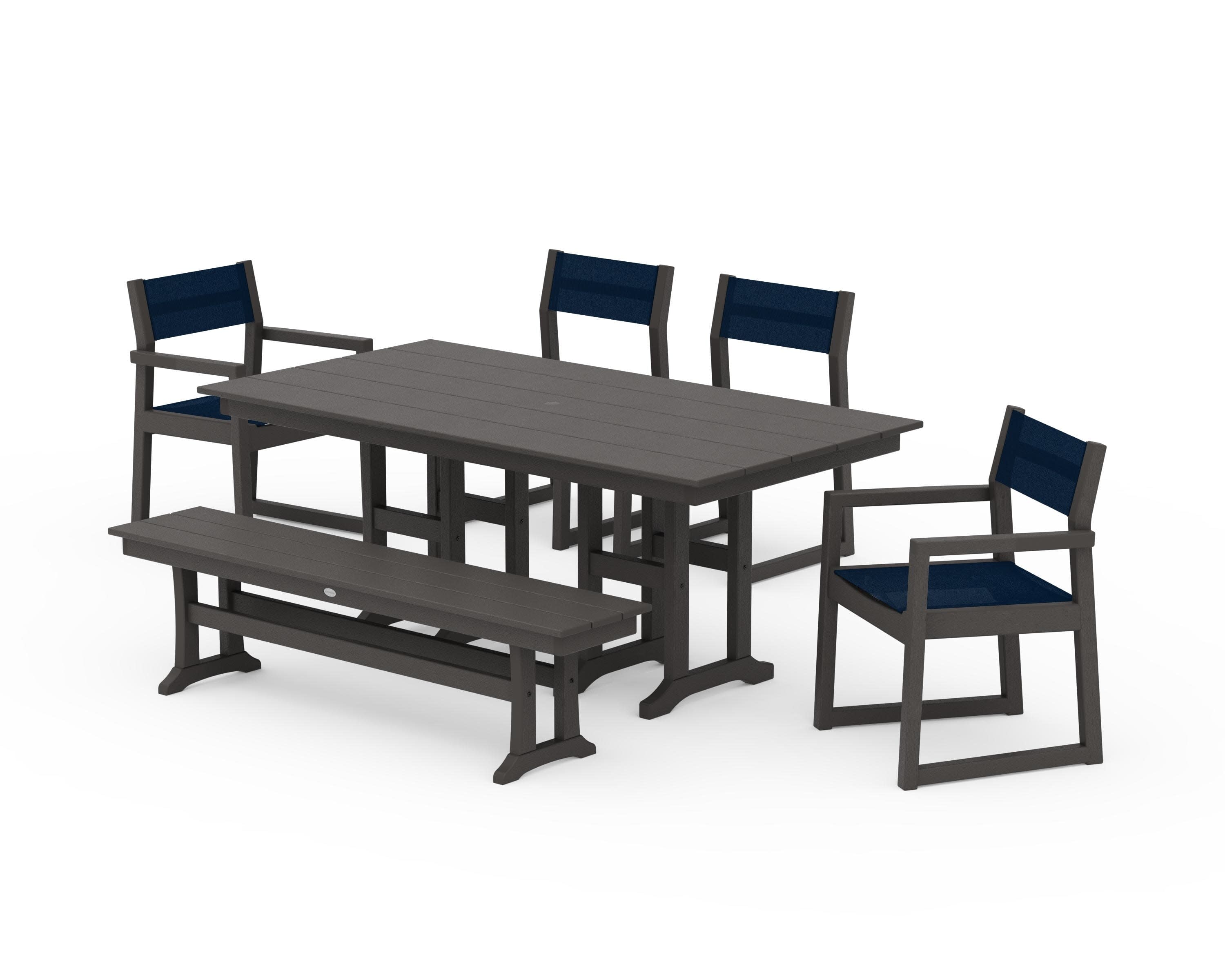 EDGE Sling 6-Piece Farmhouse Dining Set in Vintage Coffee / Navy Blue Sling