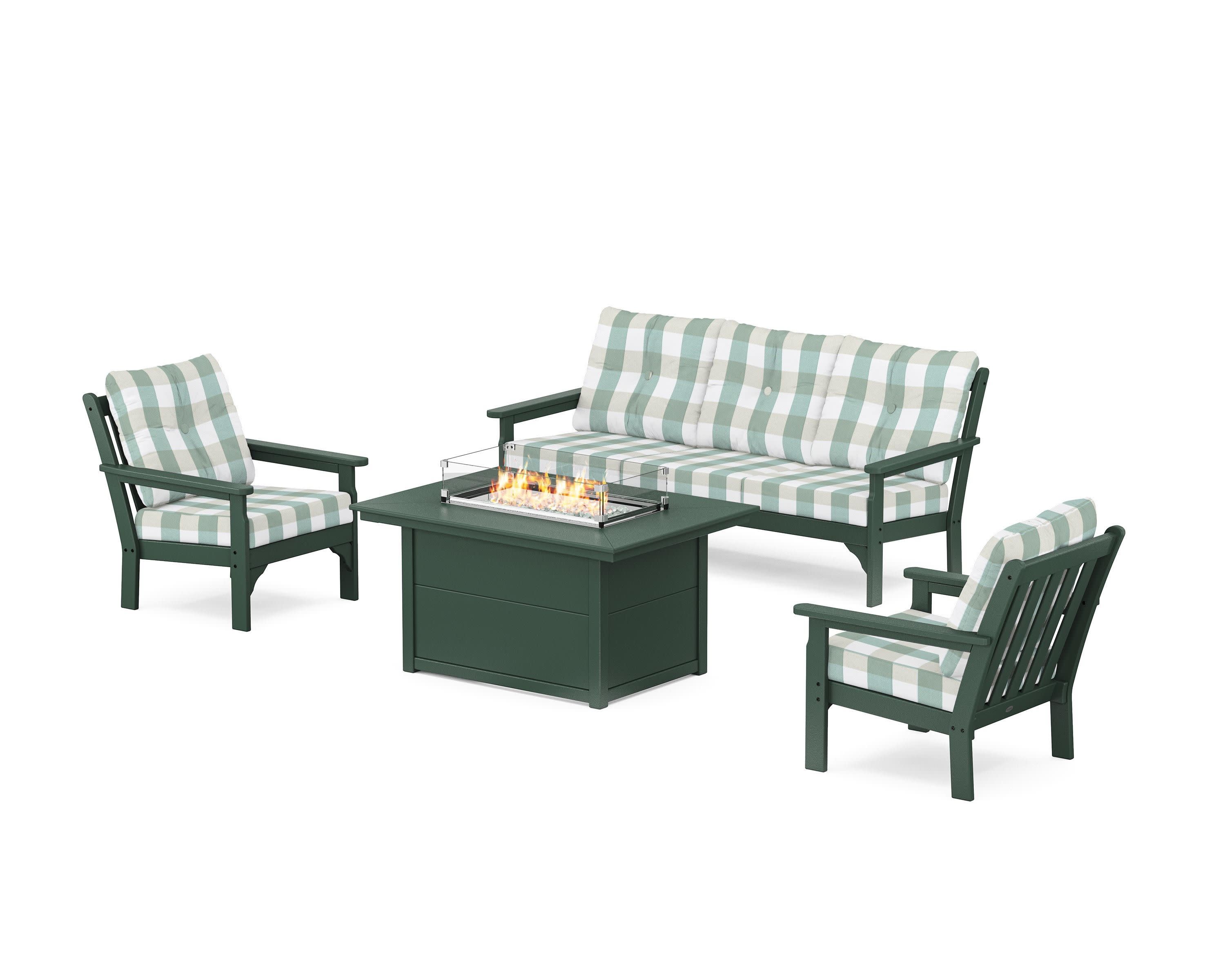 Vineyard Deep Seating Fire Pit Table Set in Green / Buffalo Plaid Glacier Spa