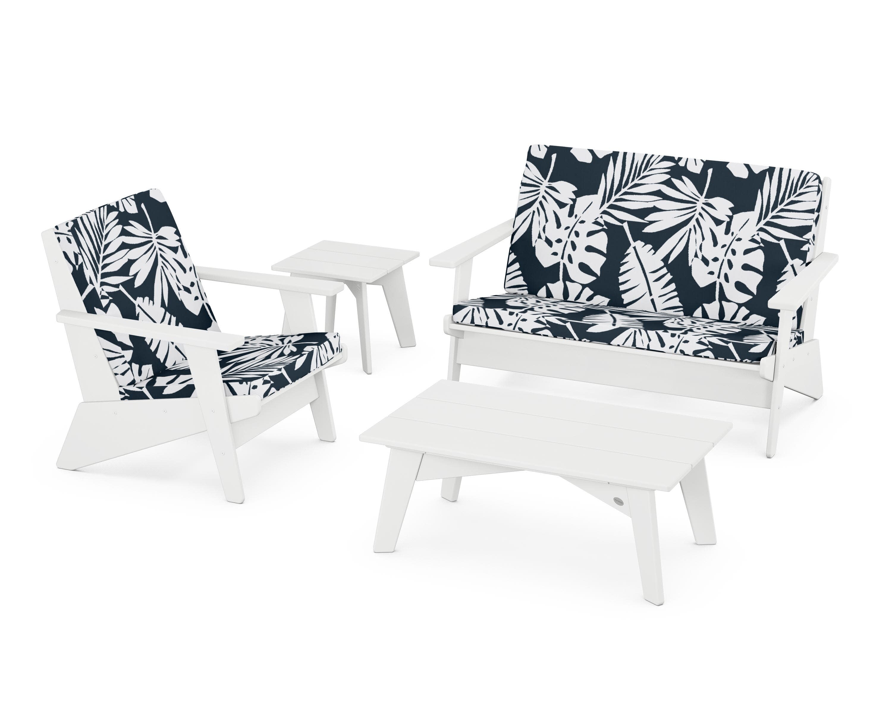 Riviera Modern Lounge 4-Piece Set in White / Leaf Marine Indigo