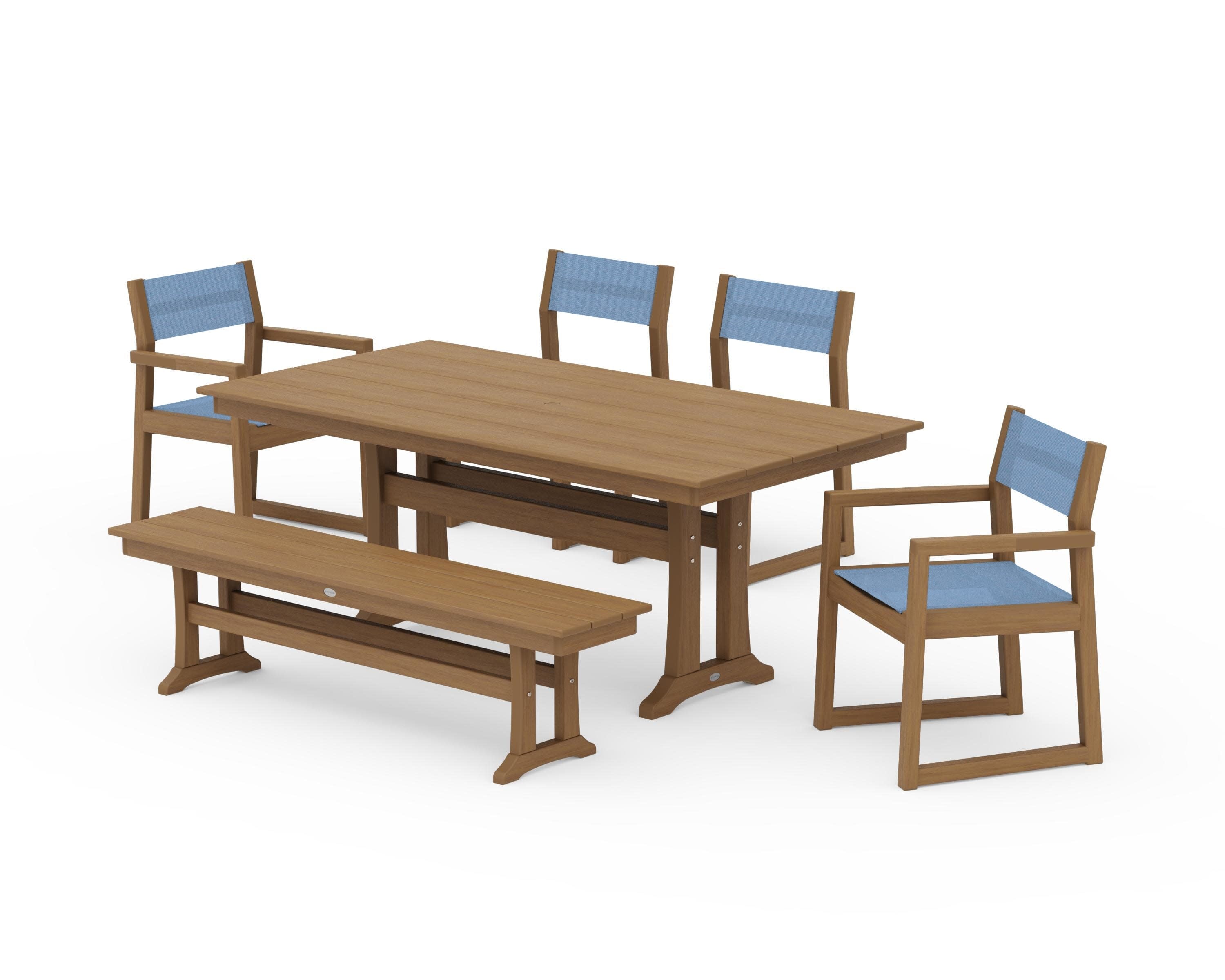 EDGE Sling 6-Piece Farmhouse Dining Set With Trestle Legs in Natural / Poolside Sling
