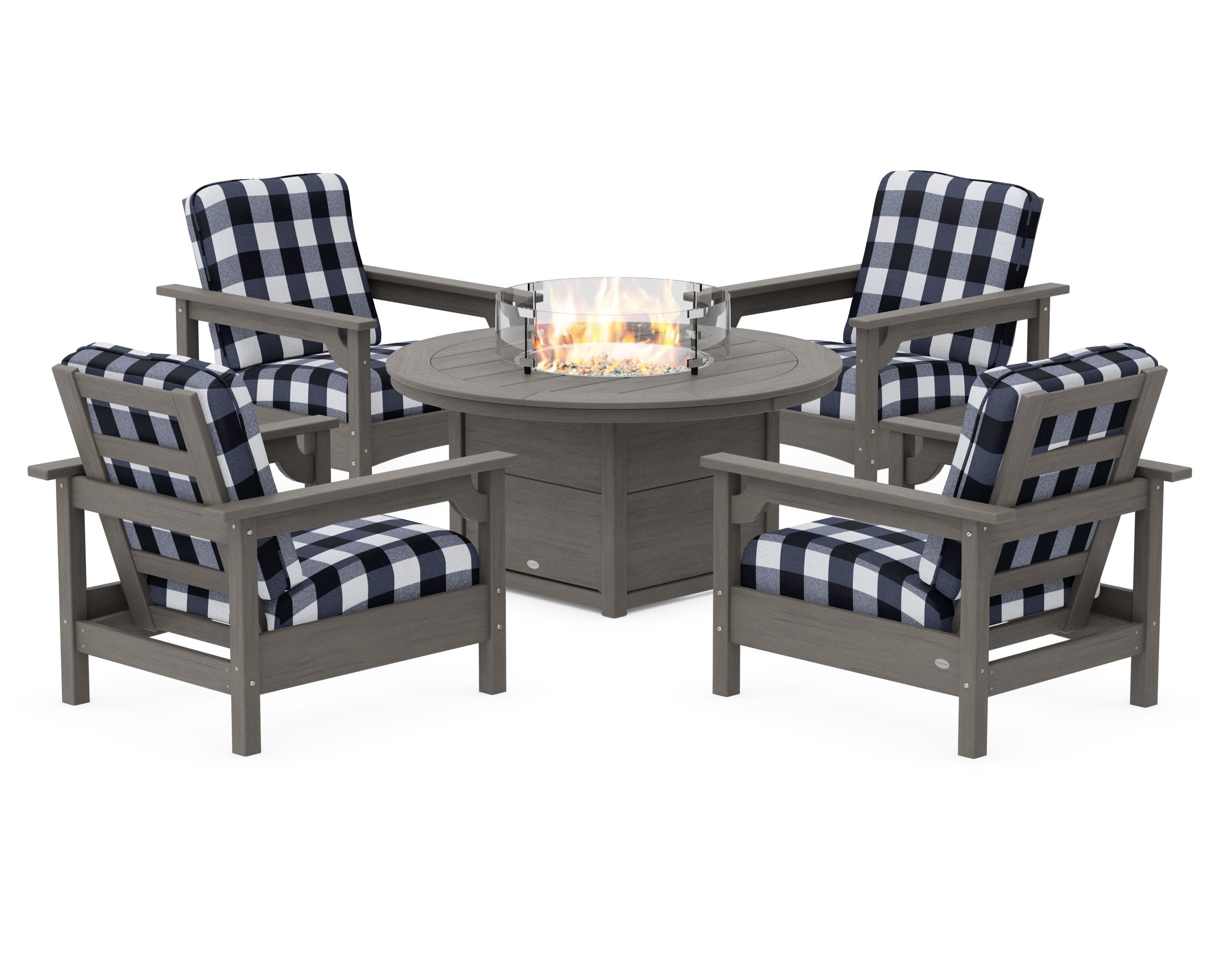 Club 5-Piece Conversation Set with Fire Pit Table in Driftwood / Buffalo Plaid Marine Indigo