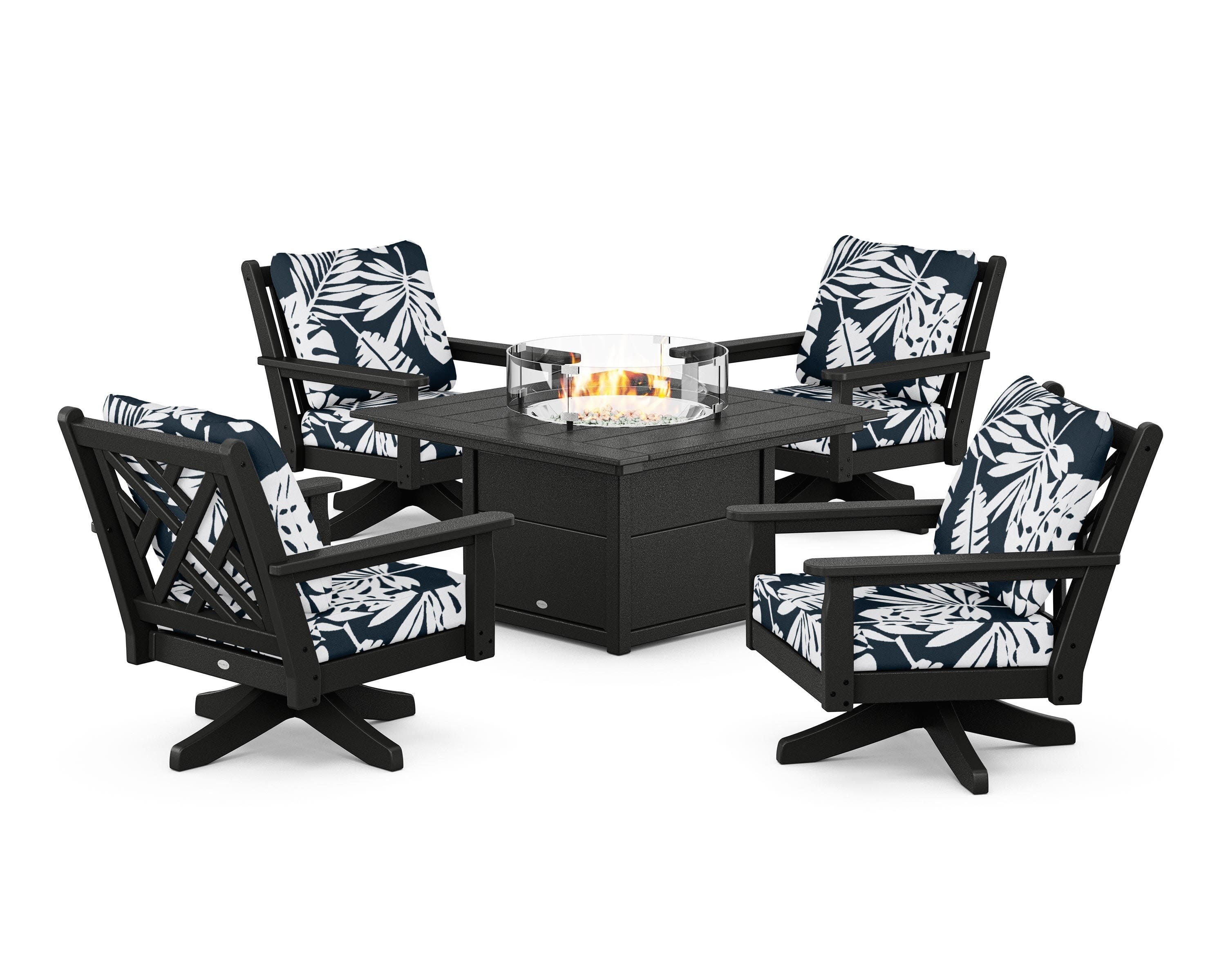 Chippendale 5-Piece Deep Seating Swivel Conversation Set with Fire Pit Table in Black / Leaf Marine Indigo