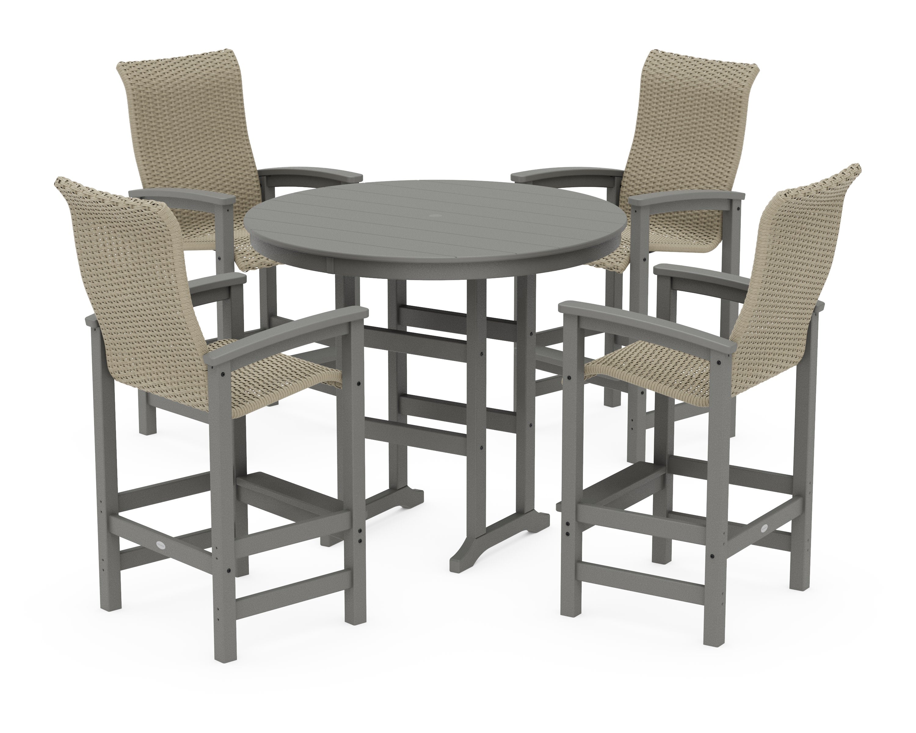 Coastal Woven High-Back 5-Piece Round Farmhouse Bar Set in Slate Grey / Dune Grass