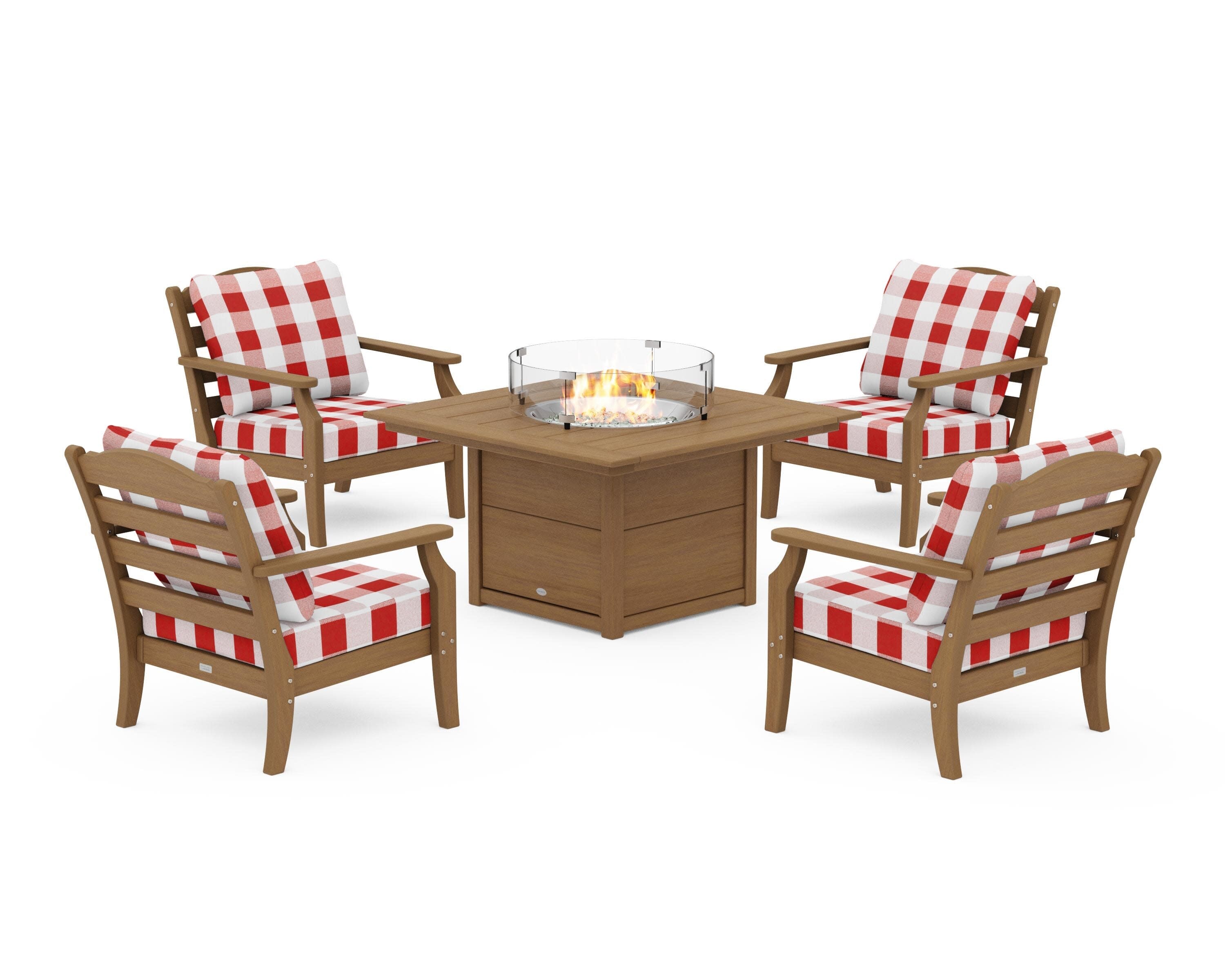 Savannah 5-Piece Deep Seating Set with Fire Pit Table in Natural / Buffalo Plaid Crimson