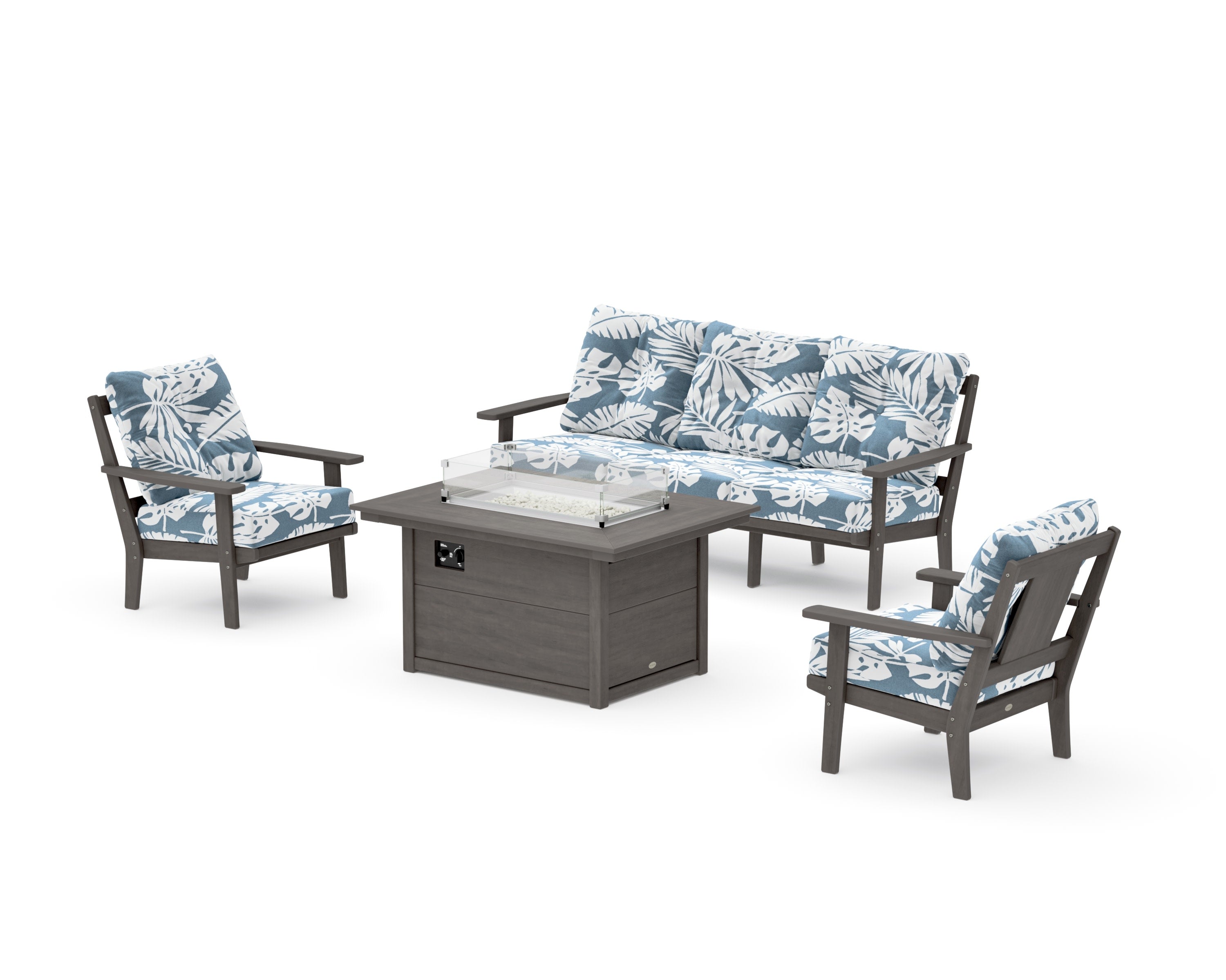 Prairie Deep Seating Fire Pit Table Set in Driftwood / Leaf Sky Blue