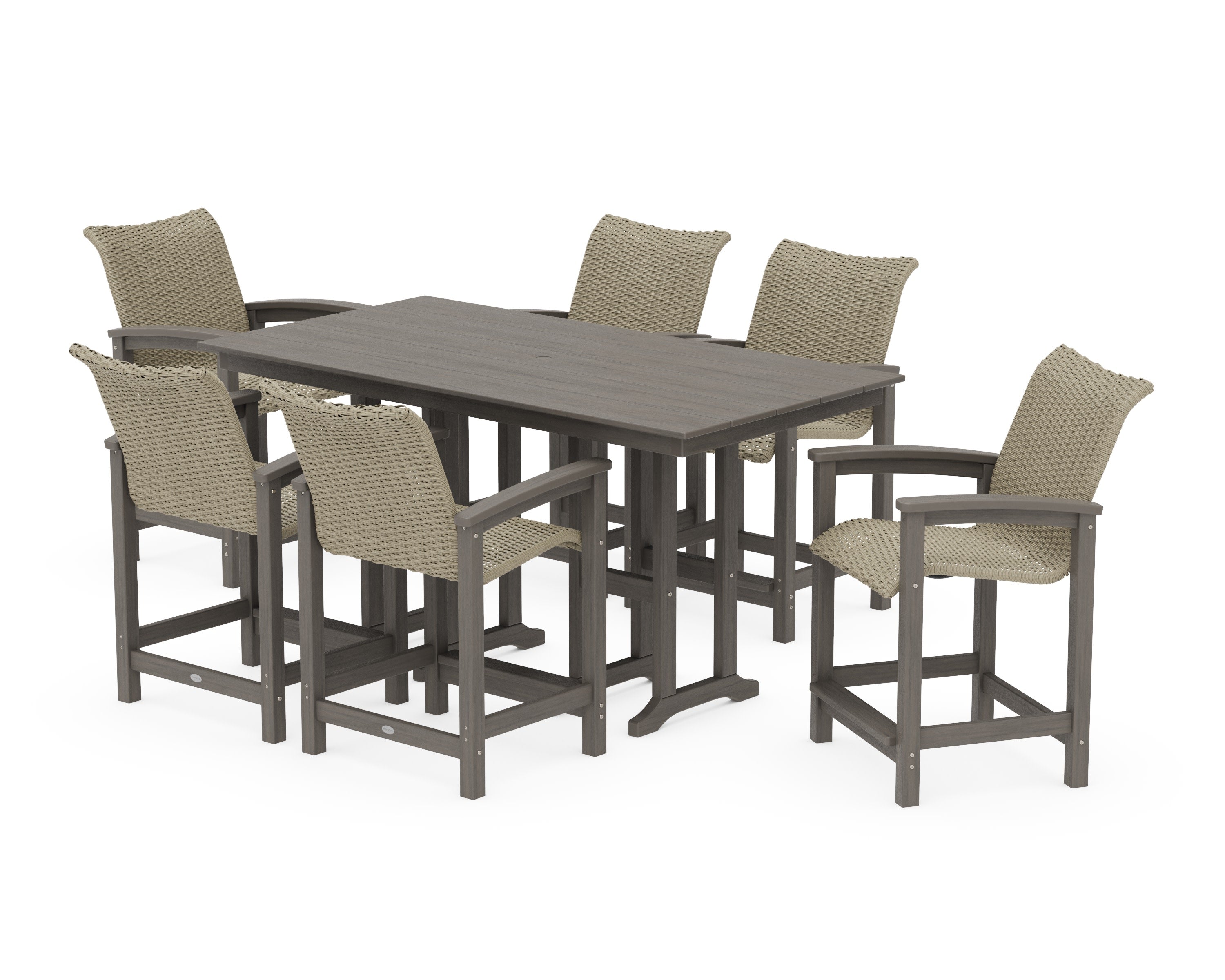 Coastal Woven Arm Chair 7-Piece Farmhouse Counter Set in Driftwood / Dune Grass