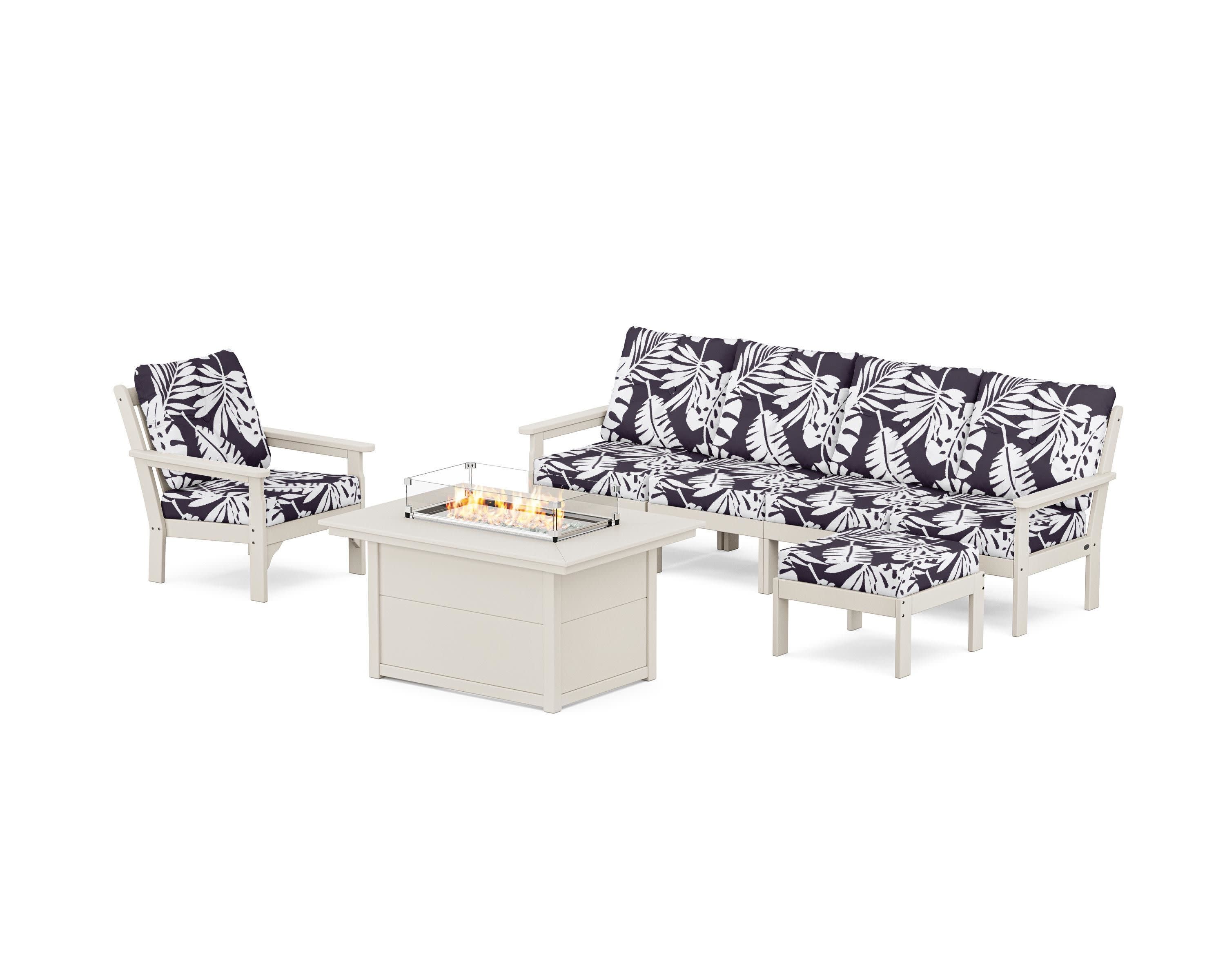 Vineyard Sectional Lounge and Fire Pit Set in Sand / Leaf Navy