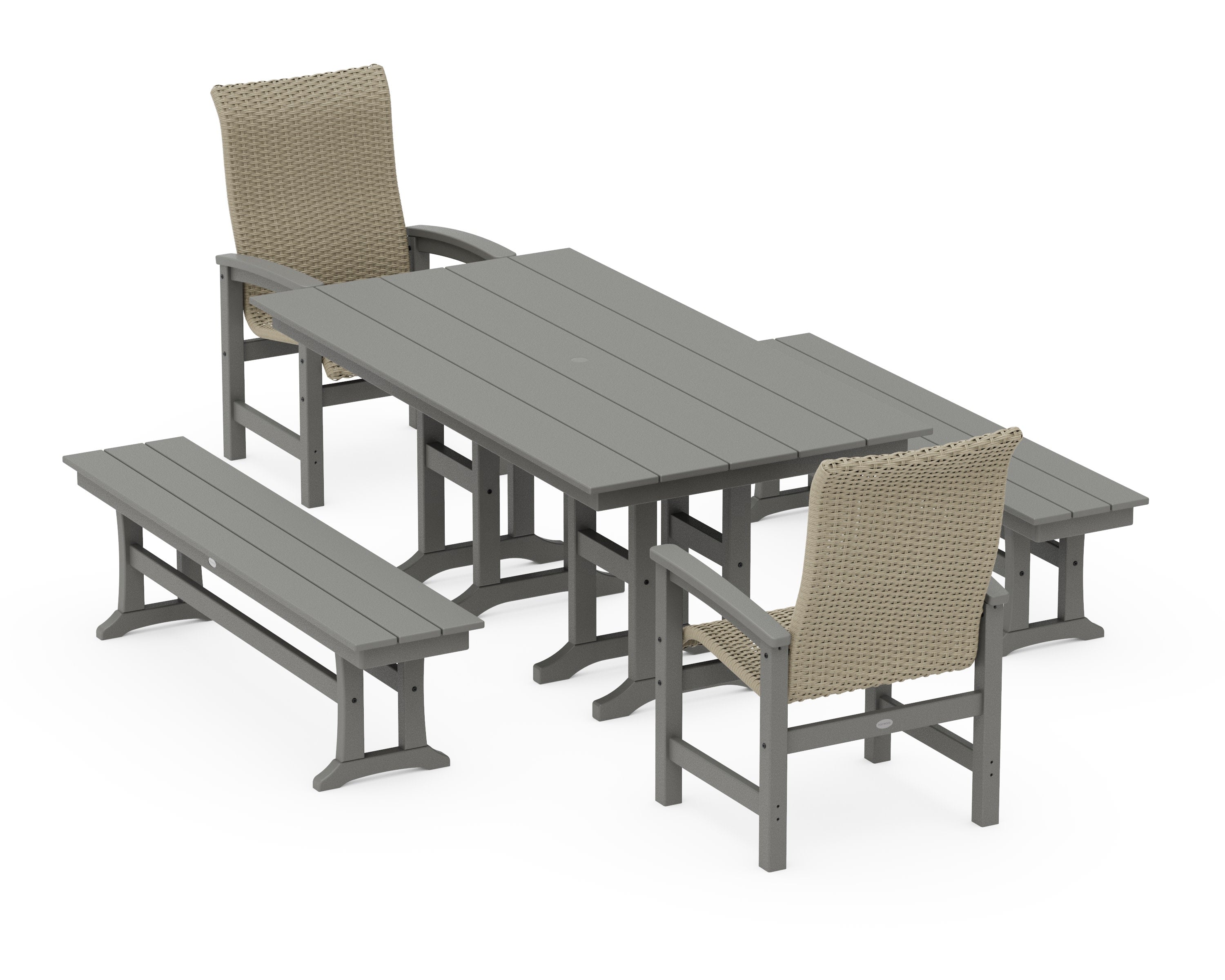 Coastal Woven High-Back 5-Piece Farmhouse Dining Set with Benches