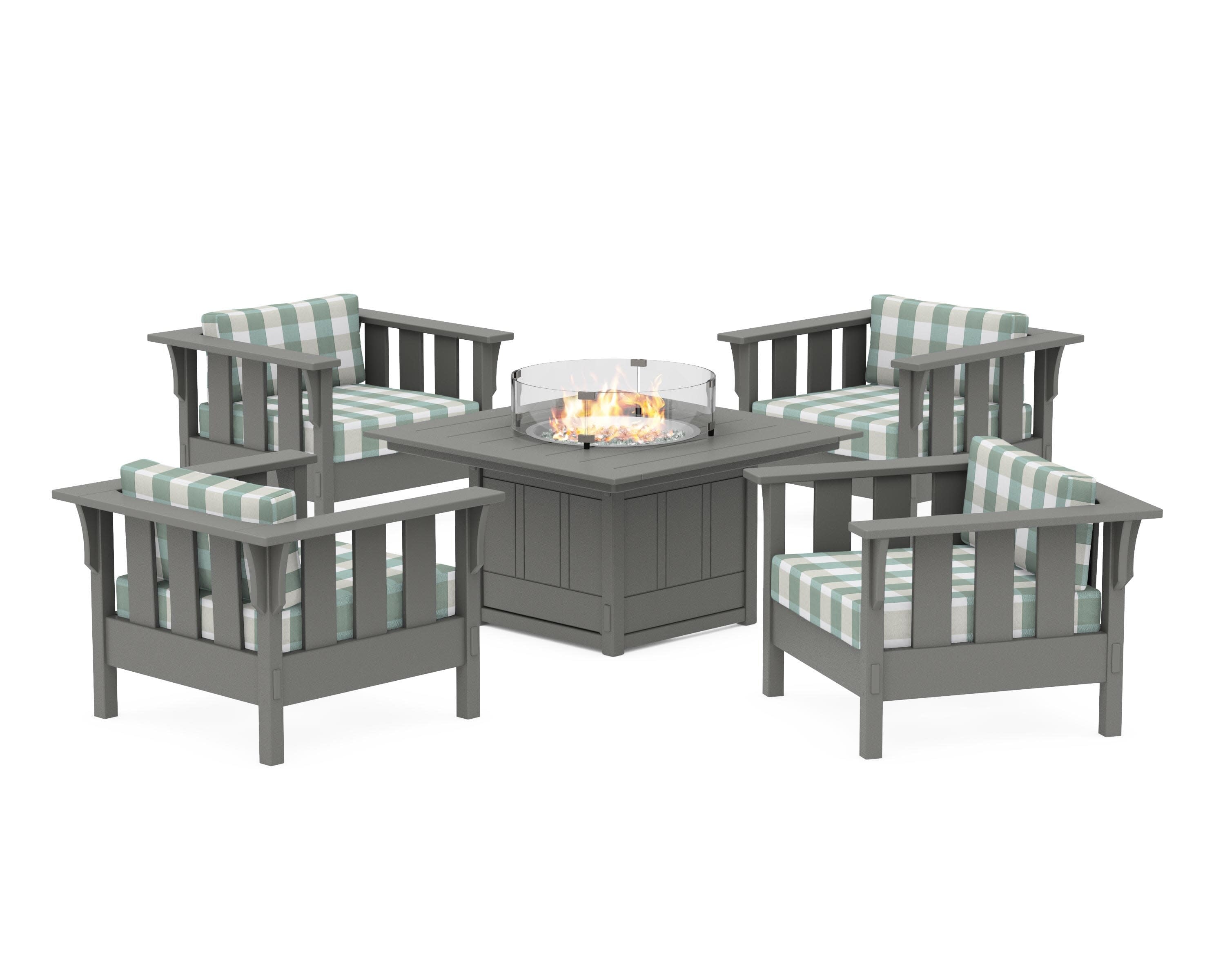 Acadia 5-Piece Deep Seating Set with Fire Pit Table in Slate Grey / Buffalo Plaid Glacier Spa