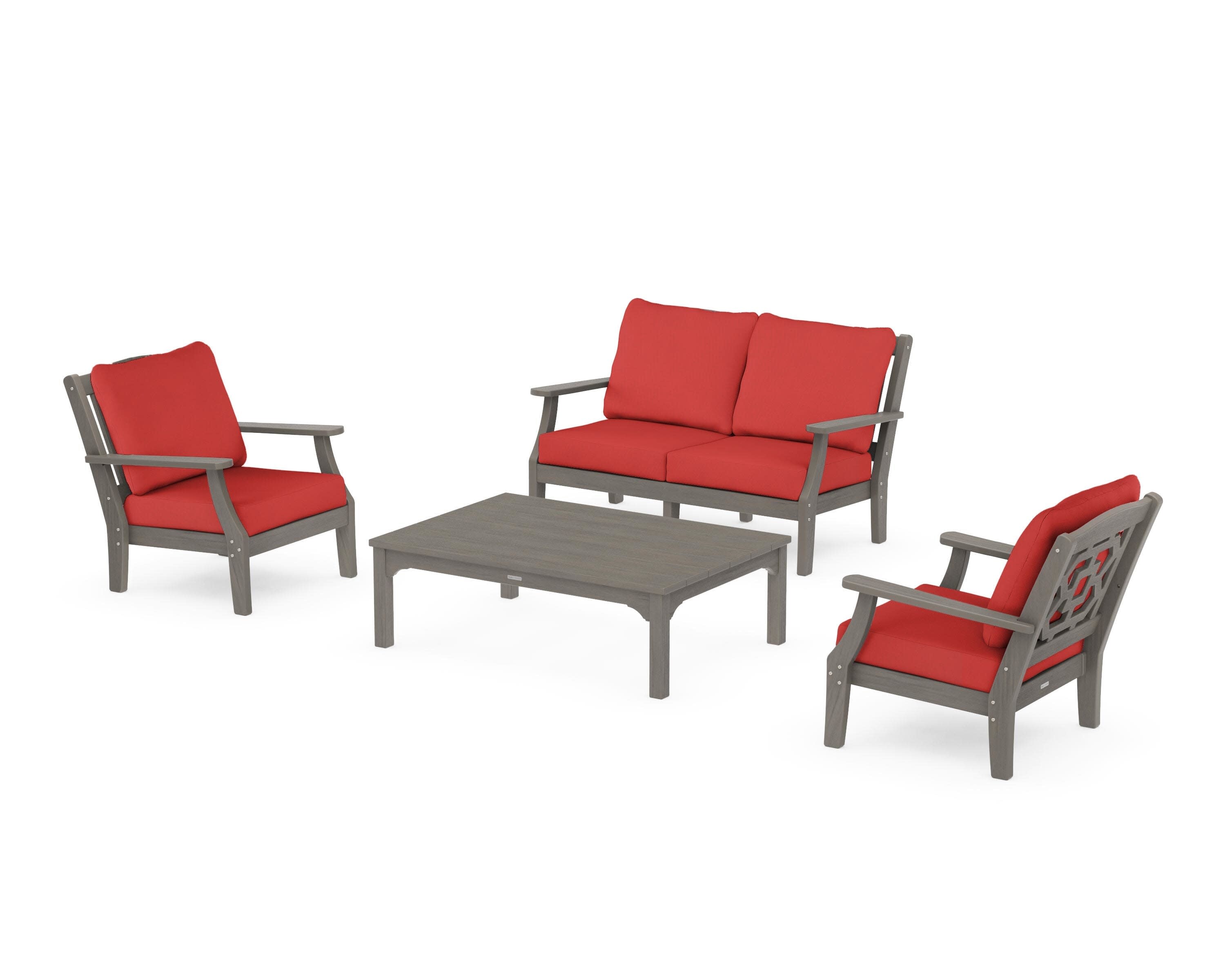 Chinoiserie 4-Piece Deep Seating Set with Loveseat in Driftwood / Crimson Linen