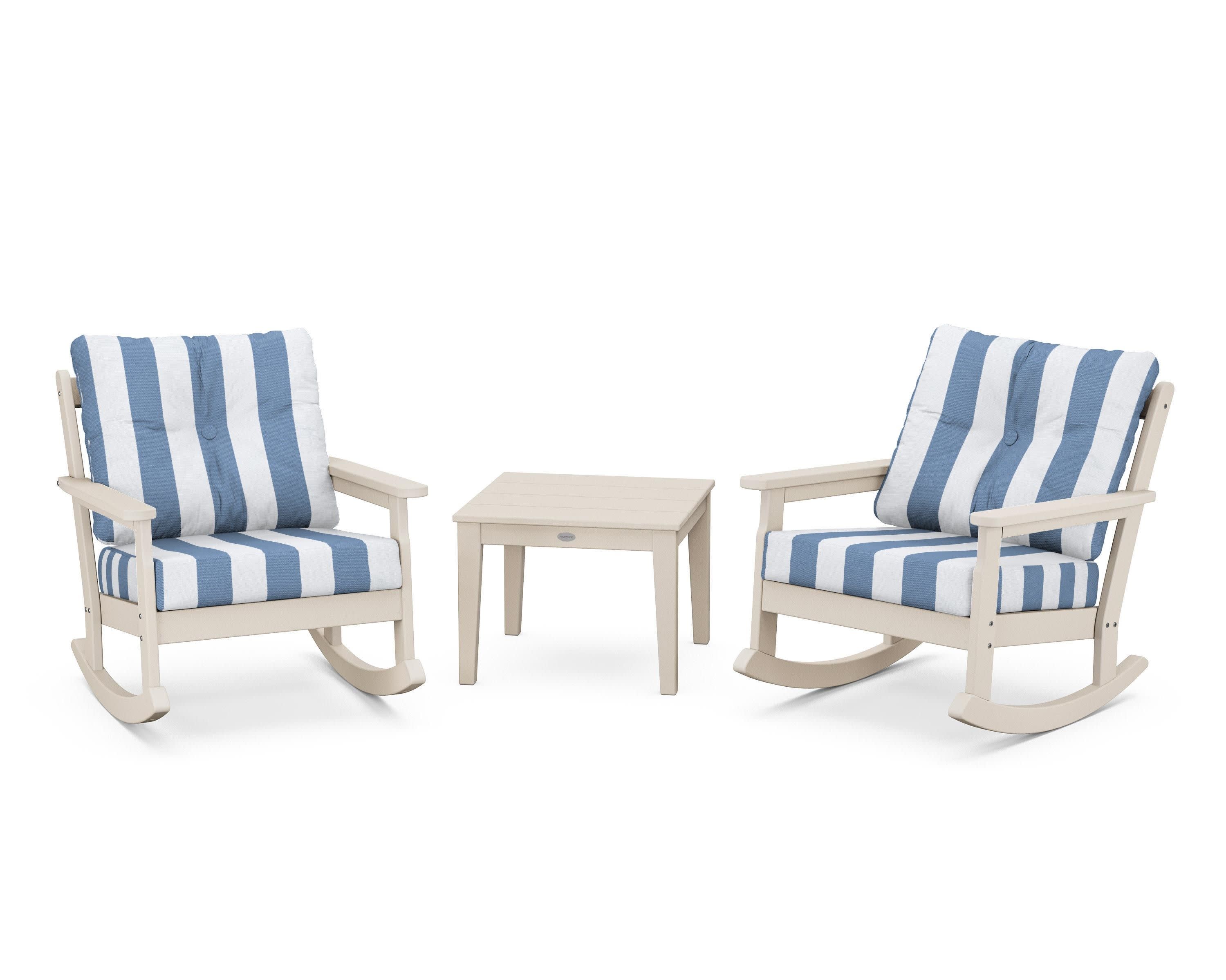 Vineyard 3-Piece Deep Seating Rocker Set in Sand / Cabana Stripe Sky Blue