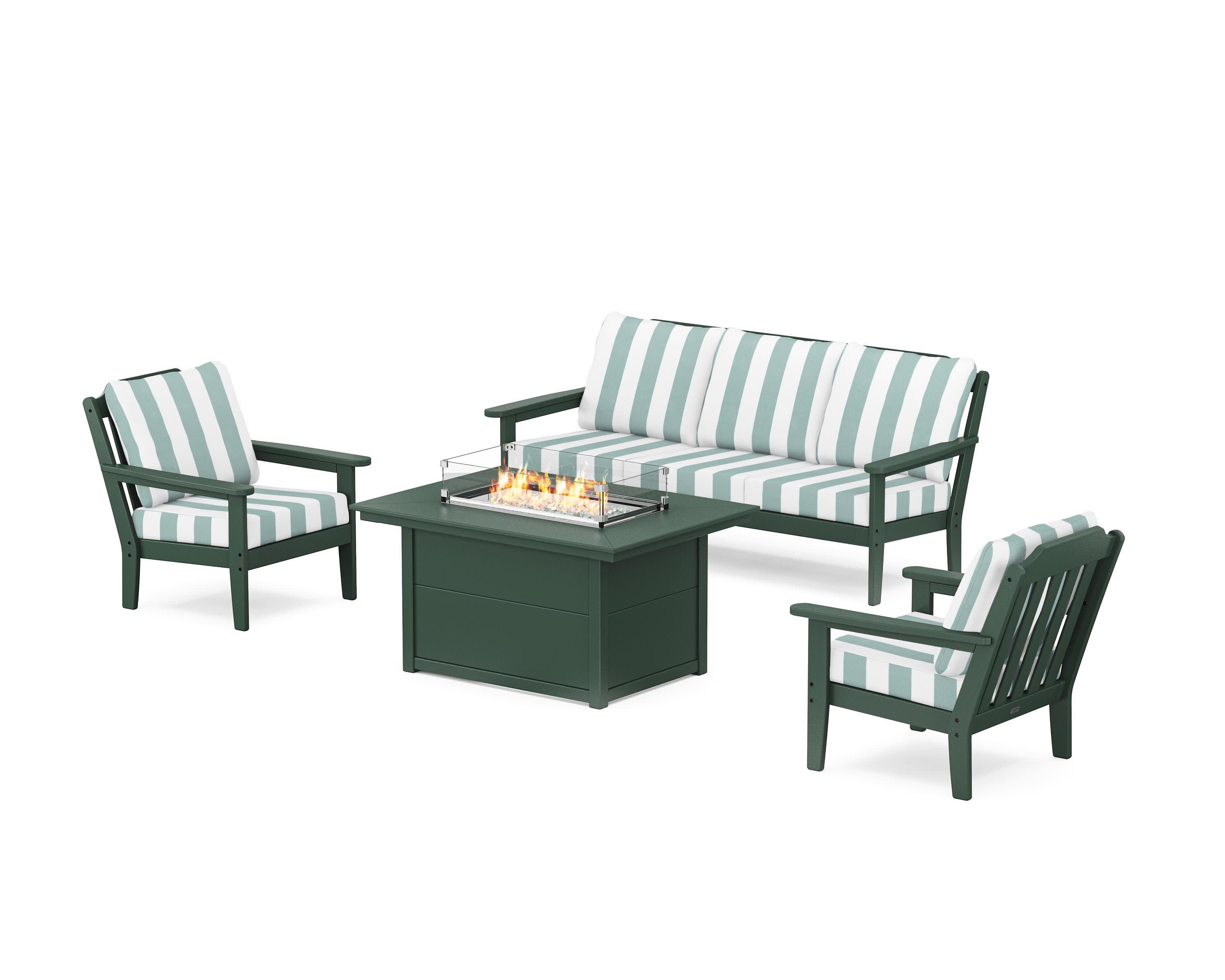 Cottage Deep Seating Fire Pit Table Set in Green / Cabana Stripe Glacier Spa