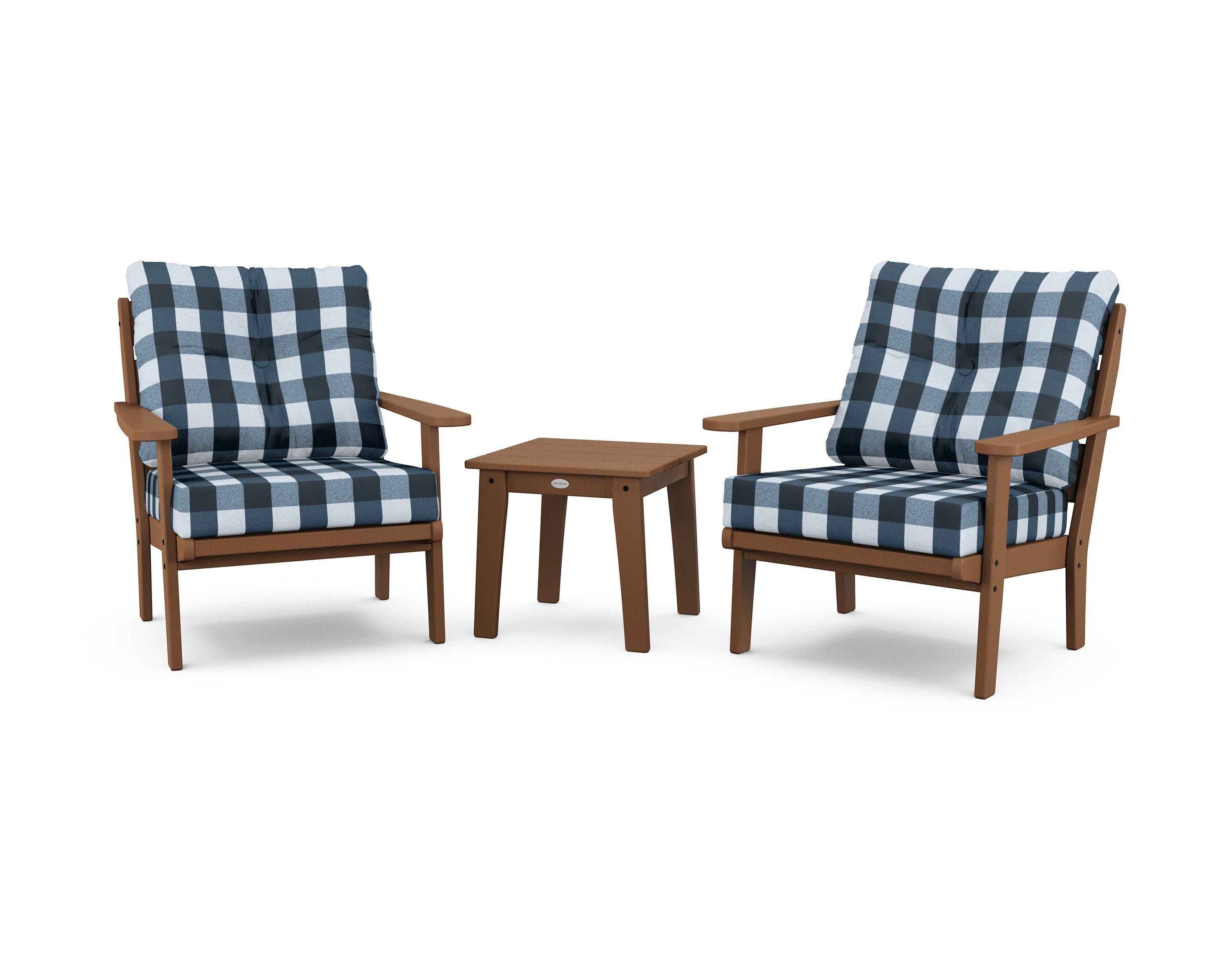 Lakeside 3-Piece Deep Seating Chair Set in Teak / Buffalo Plaid Marine Indigo