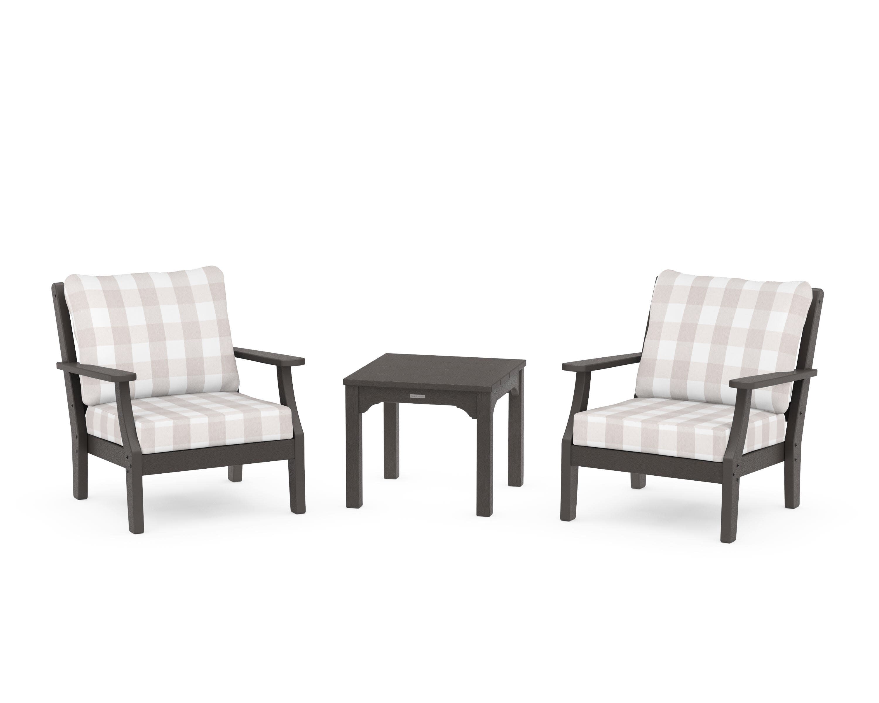 Chinoiserie 3-Piece Deep Seating Set in Vintage Coffee / Buffalo Plaid Dune Burlap